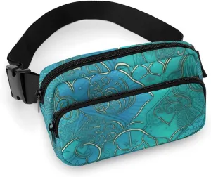 Fashionable Large-capacity Twill Turquoise Pattern Printed Waist Bag, A Must-have Item for Hands-free Travel
