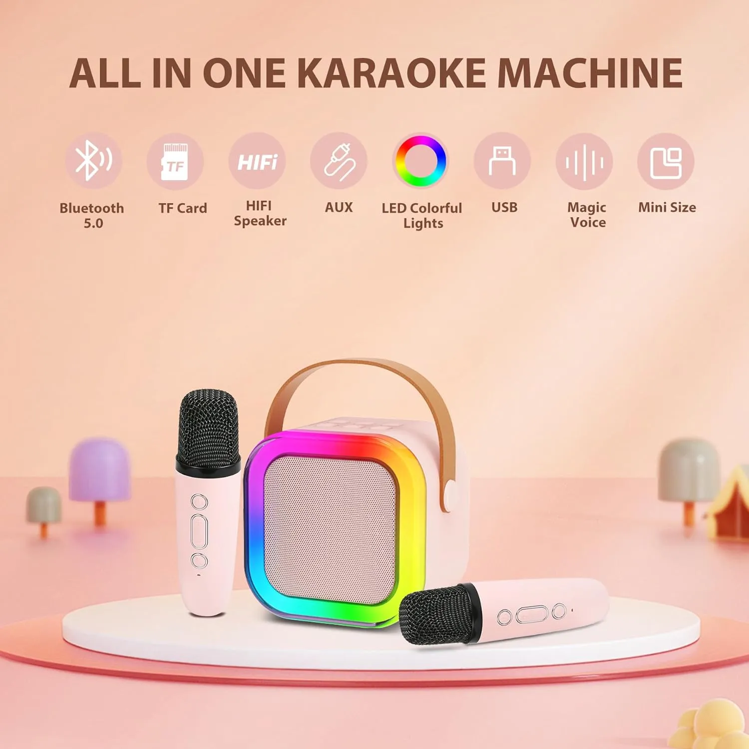 Fede Karaoke Machine for Kids Adults, Mini Karaoke Machine with 2 Wireless Microphones, Portable Bluetooth Speaker with Voice Changing Effects & LED Lights, Best Gifts Toys for Girls and Boys