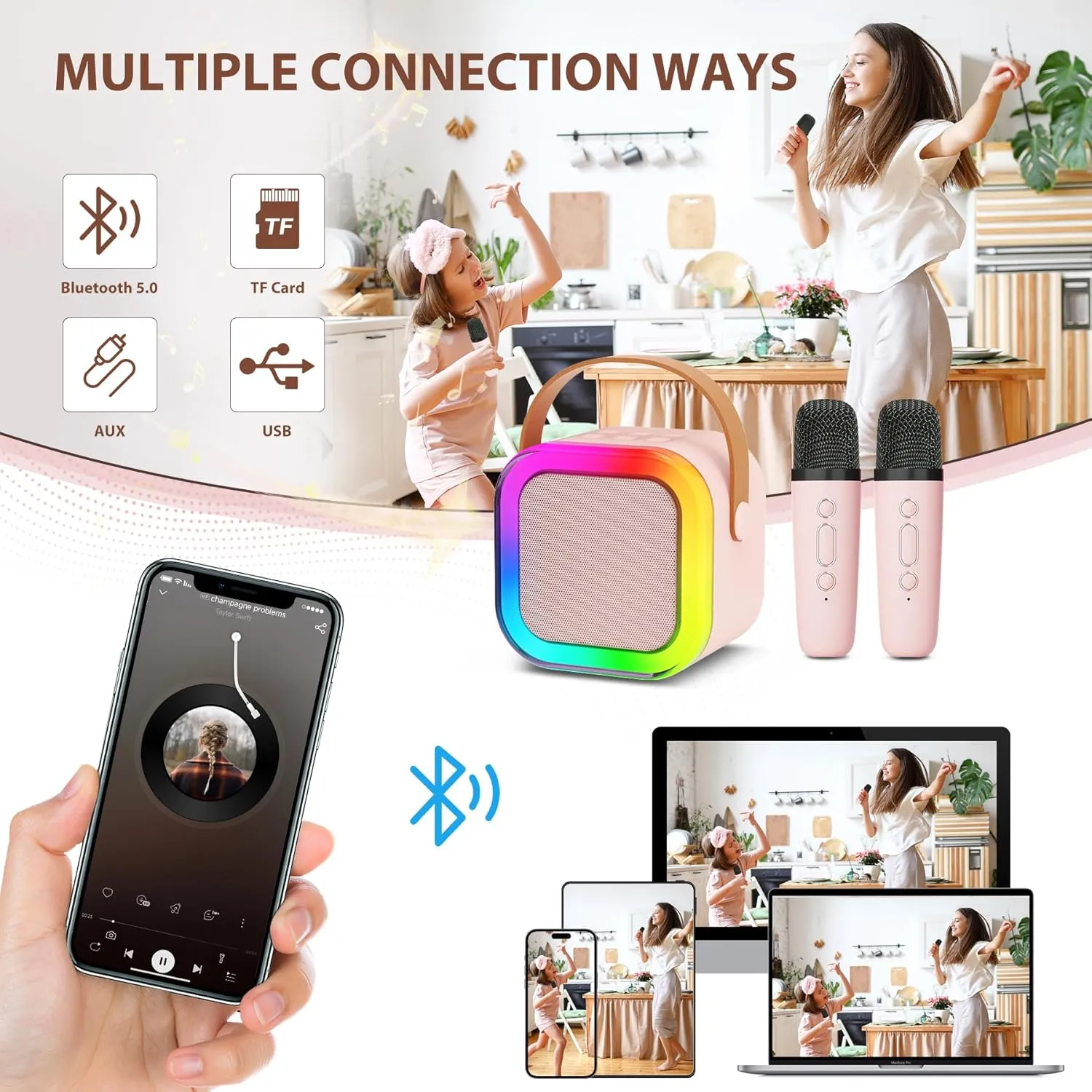 Fede Karaoke Machine for Kids Adults, Mini Karaoke Machine with 2 Wireless Microphones, Portable Bluetooth Speaker with Voice Changing Effects & LED Lights, Best Gifts Toys for Girls and Boys