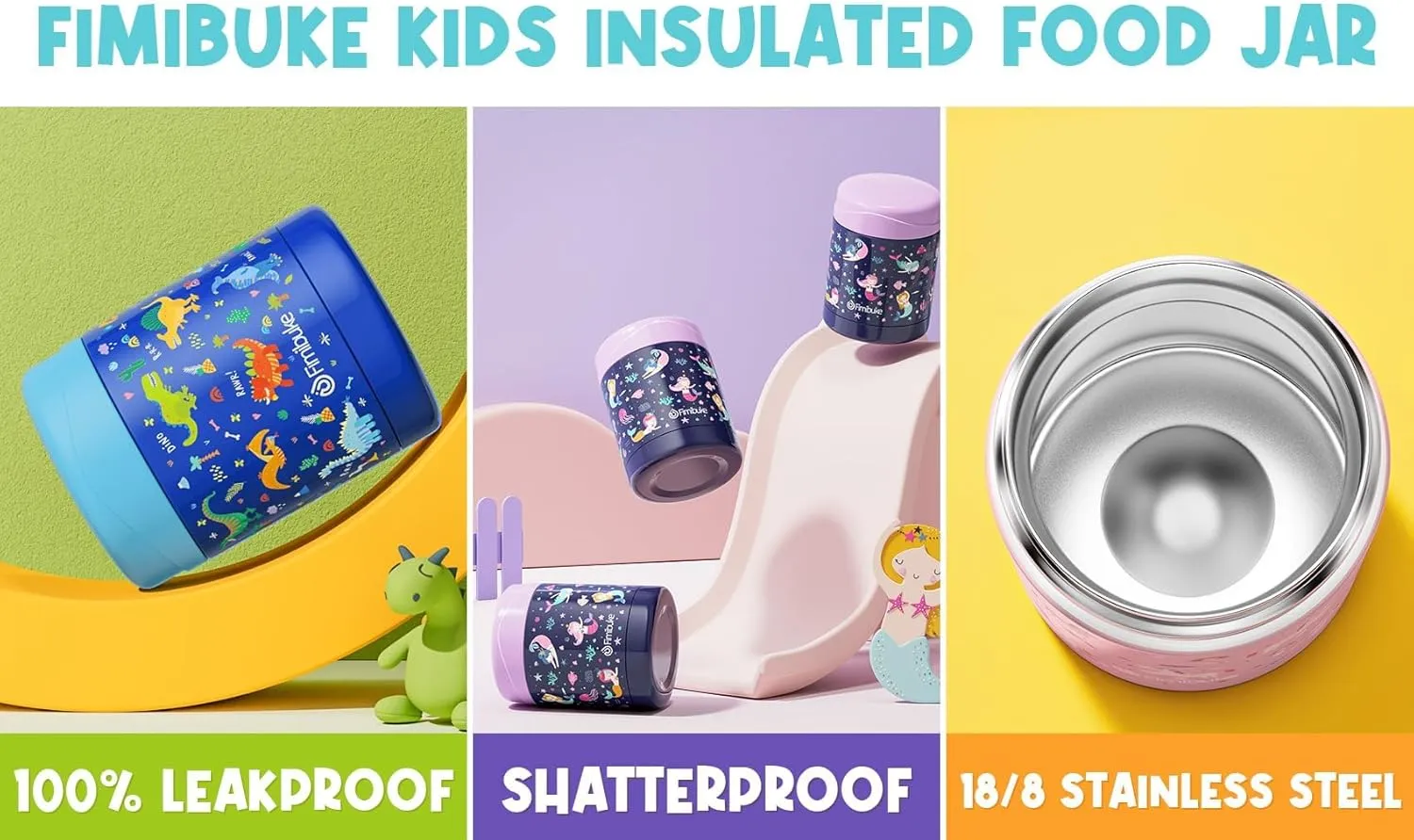 Fimibuke Kids Bento Snack Lunch Box with 4 Compartment, Insulated lunch Bag, Stainless Steel Vacuum Thermos Food Jar, Ice Pack, Utensils Set, Birthday Gift for Age 3-12 Back to School Toddler Girl Boy