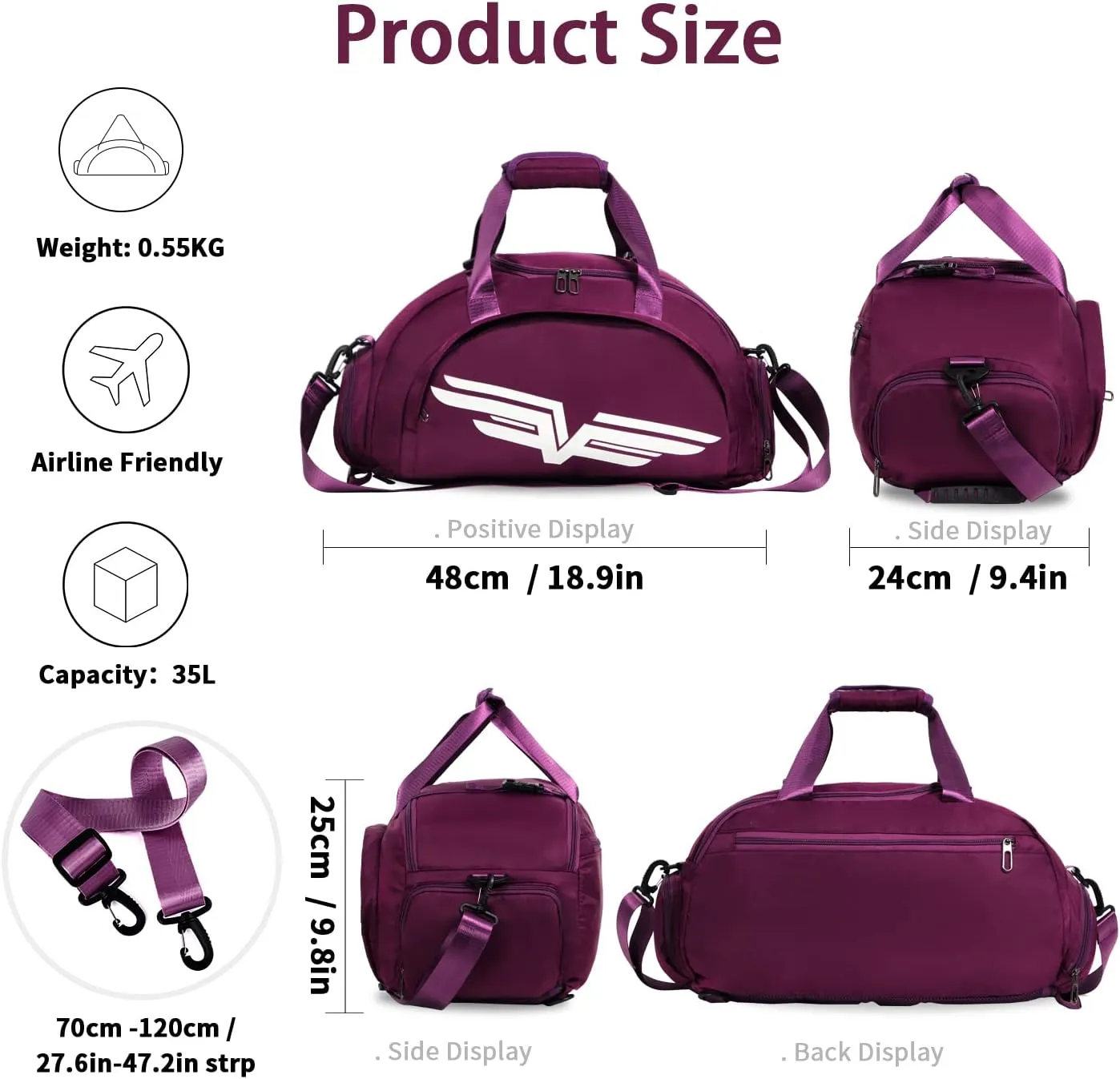 FIORETTO 30L Sports Gym Duffle Bag with Wet Pocket & Shoe Compartment, Weekender Hospital Overnight Bag for Women, Sports Holdall Backpack