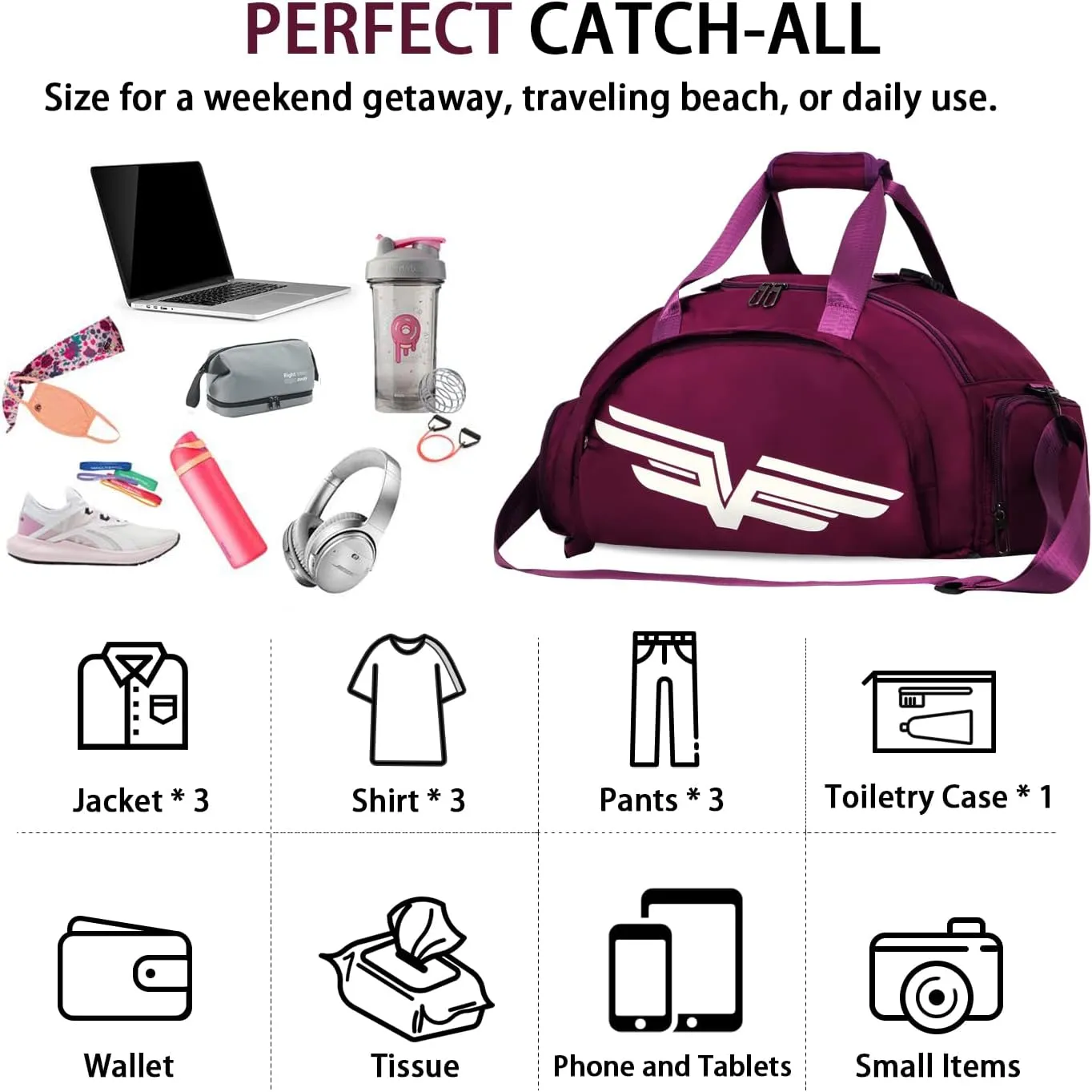 FIORETTO 30L Sports Gym Duffle Bag with Wet Pocket & Shoe Compartment, Weekender Hospital Overnight Bag for Women, Sports Holdall Backpack