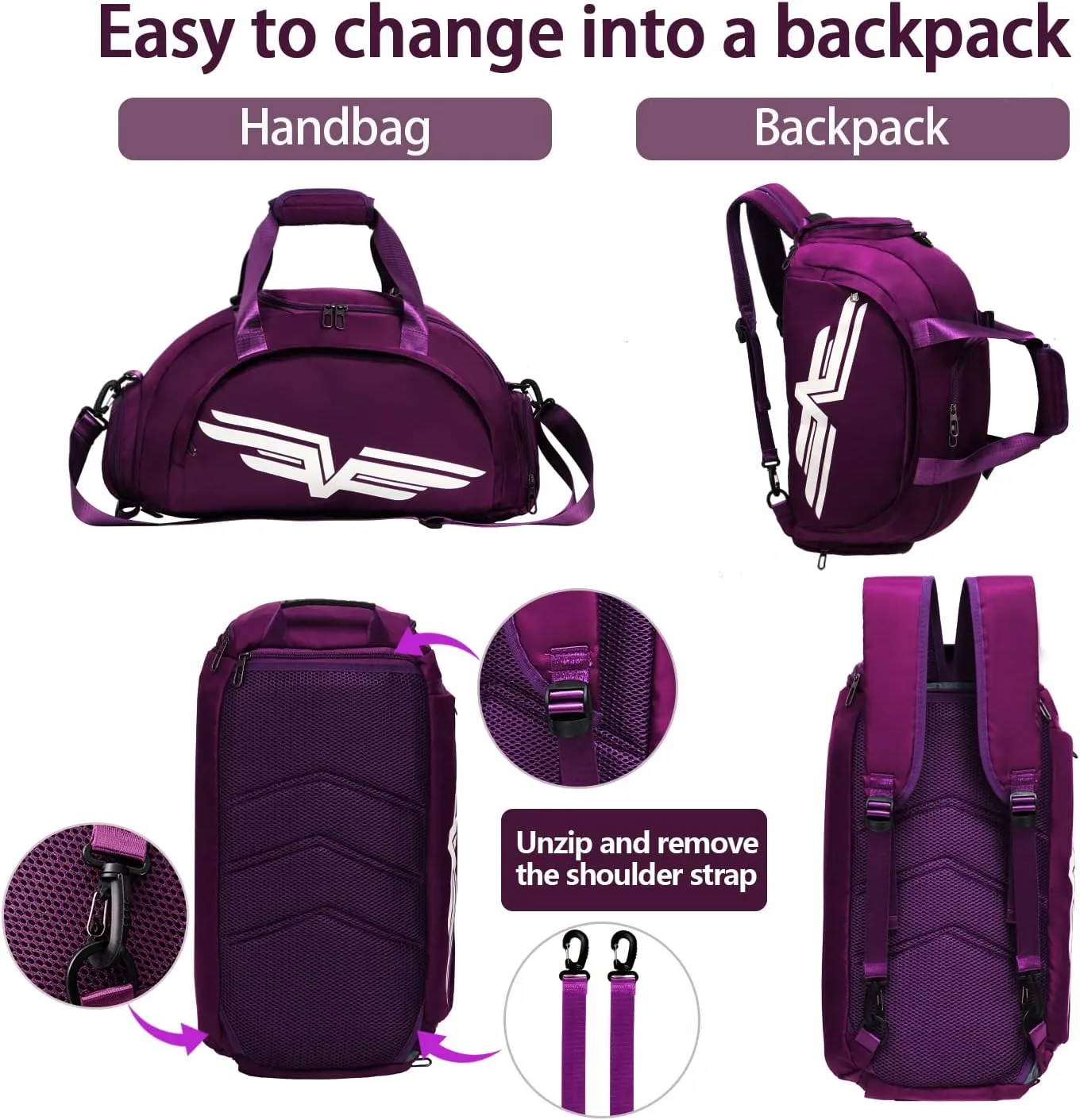 FIORETTO 30L Sports Gym Duffle Bag with Wet Pocket & Shoe Compartment, Weekender Hospital Overnight Bag for Women, Sports Holdall Backpack