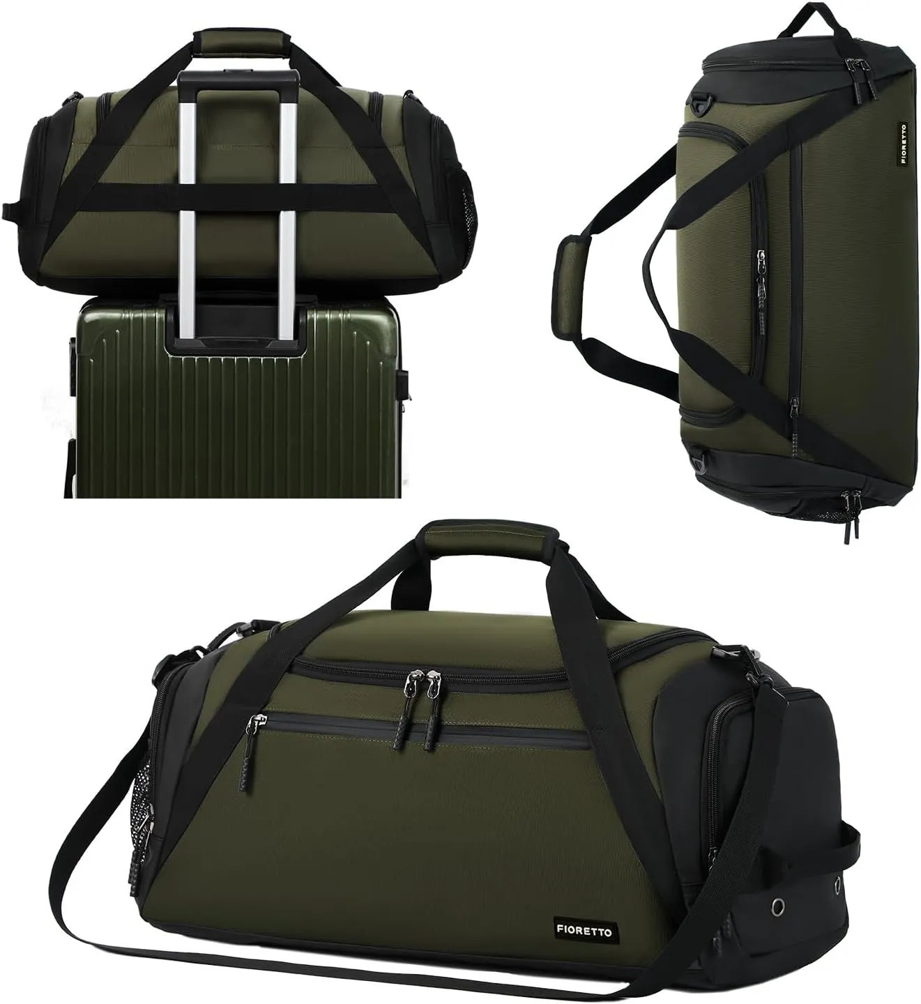 FIORETTO 43L Mens Sports Gym Bag with Wet Pocket & Shoe Compartment, Travel Duffle Bag Overnight Bag with Padded Shoulder Strap, Holdall for Swimming, Basketball, Football Army Green