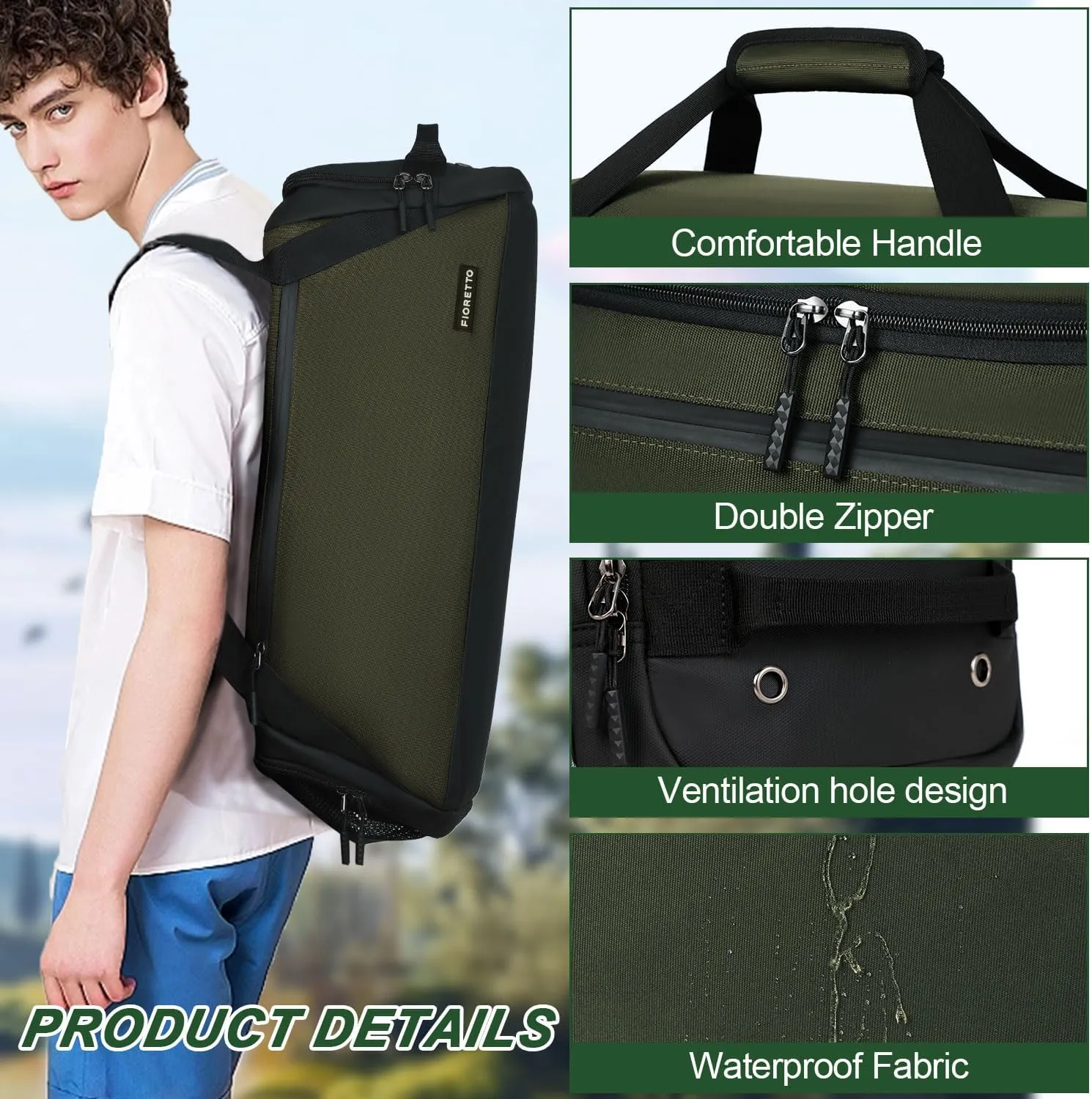 FIORETTO 43L Mens Sports Gym Bag with Wet Pocket & Shoe Compartment, Travel Duffle Bag Overnight Bag with Padded Shoulder Strap, Holdall for Swimming, Basketball, Football Army Green