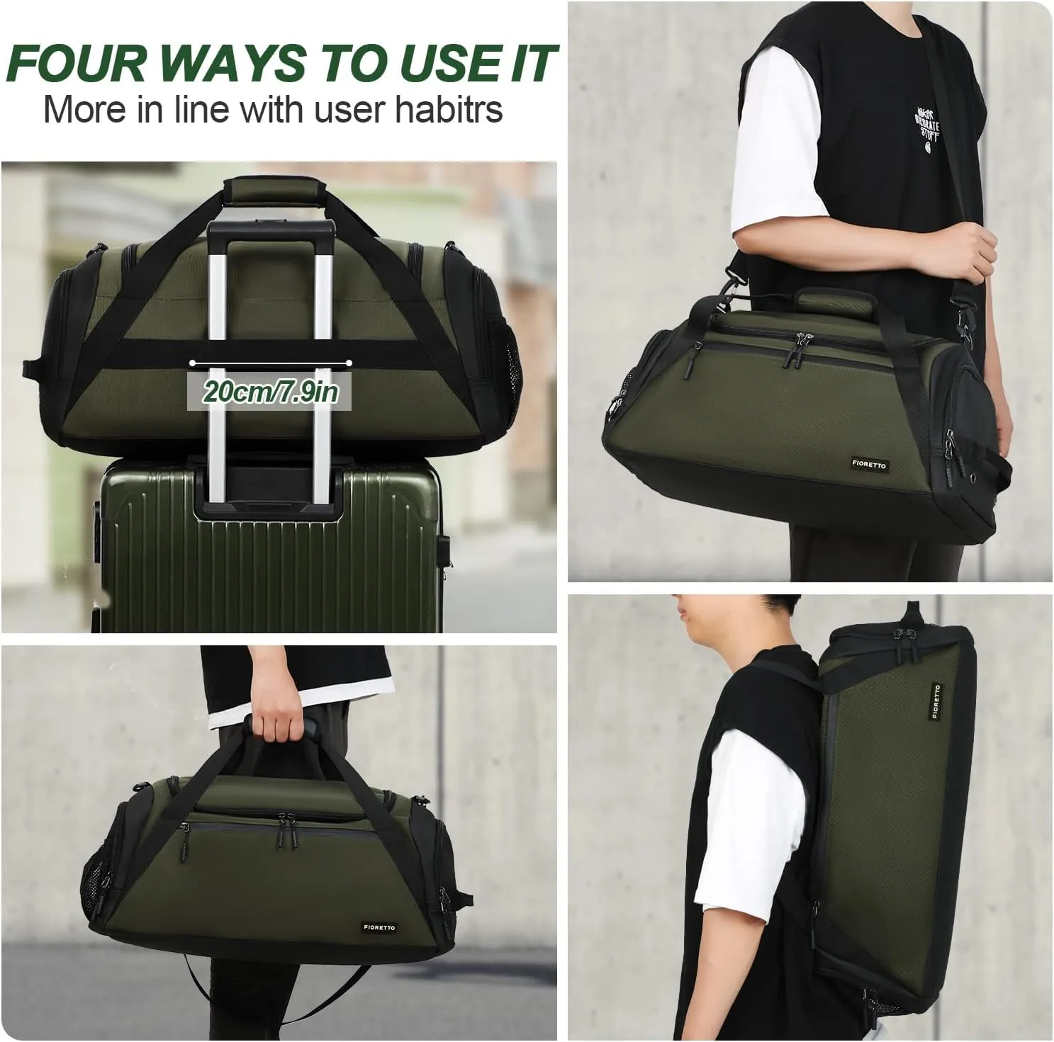 FIORETTO 43L Mens Sports Gym Bag with Wet Pocket & Shoe Compartment, Travel Duffle Bag Overnight Bag with Padded Shoulder Strap, Holdall for Swimming, Basketball, Football Army Green