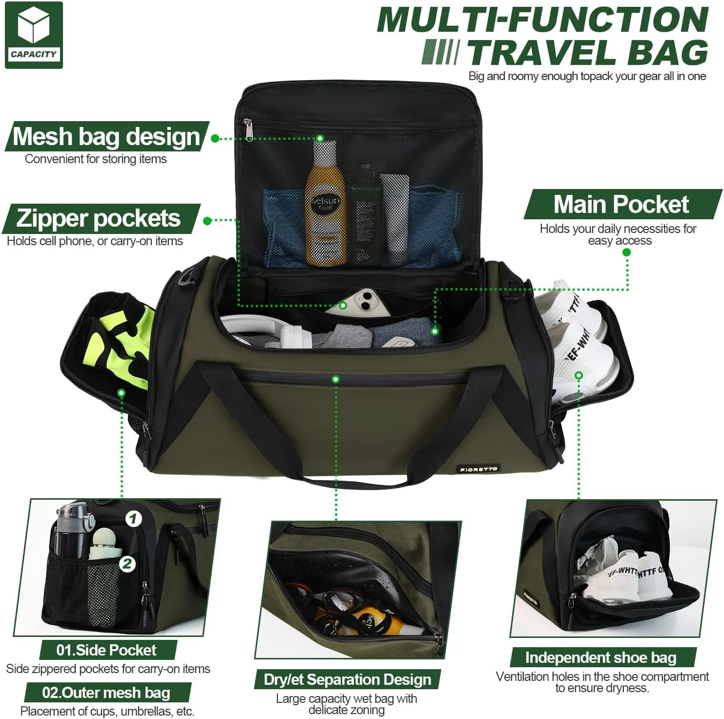 FIORETTO 43L Mens Sports Gym Bag with Wet Pocket & Shoe Compartment, Travel Duffle Bag Overnight Bag with Padded Shoulder Strap, Holdall for Swimming, Basketball, Football Army Green