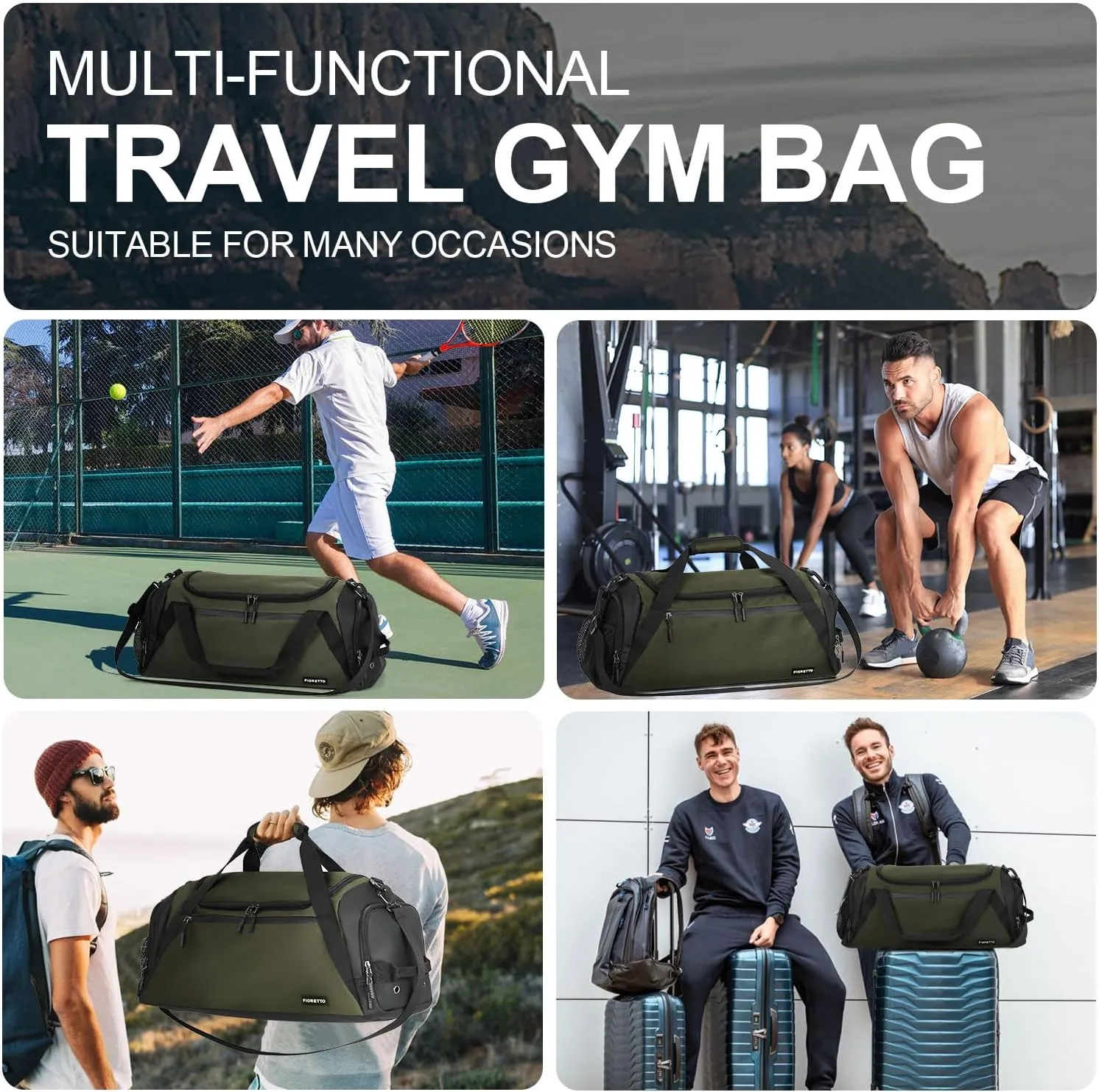 FIORETTO 43L Mens Sports Gym Bag with Wet Pocket & Shoe Compartment, Travel Duffle Bag Overnight Bag with Padded Shoulder Strap, Holdall for Swimming, Basketball, Football Army Green