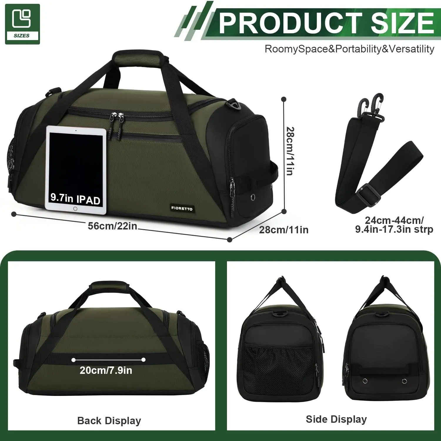FIORETTO 43L Mens Sports Gym Bag with Wet Pocket & Shoe Compartment, Travel Duffle Bag Overnight Bag with Padded Shoulder Strap, Holdall for Swimming, Basketball, Football Army Green
