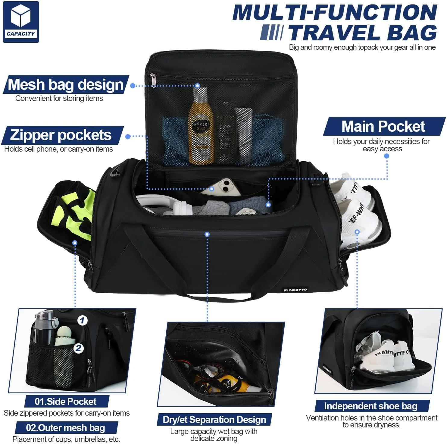 FIORETTO 43L Mens Sports Gym Bag with Wet Pocket & Shoe Compartment, Travel Duffle Bag Overnight Bag with Padded Shoulder Strap, Holdall for Swimming, Basketball, Football Black