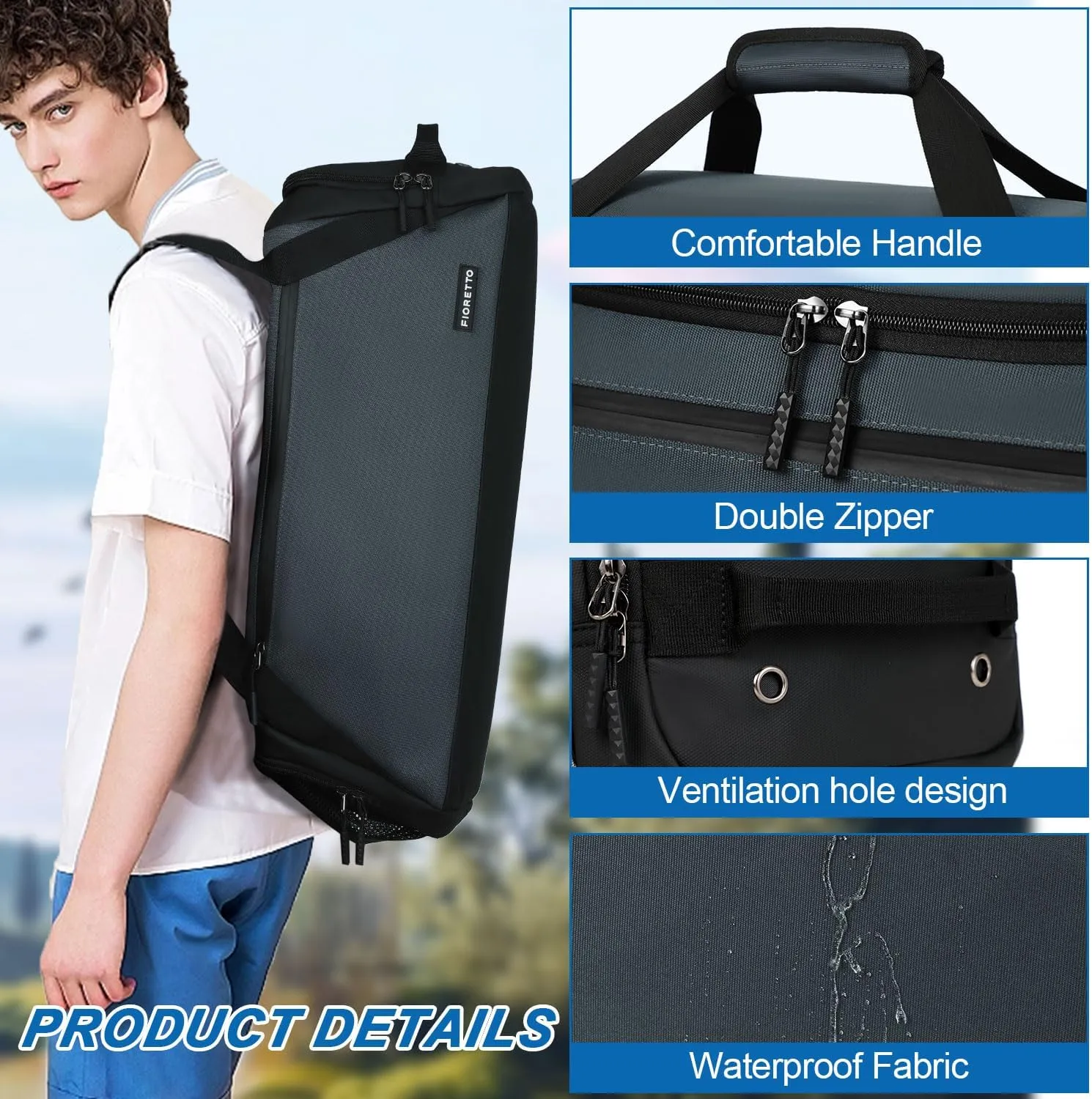 FIORETTO 43L Mens Sports Gym Bag with Wet Pocket & Shoe Compartment, Travel Duffle Bag Overnight Bag with Padded Shoulder Strap, Holdall for Swimming, Basketball, Football Grey