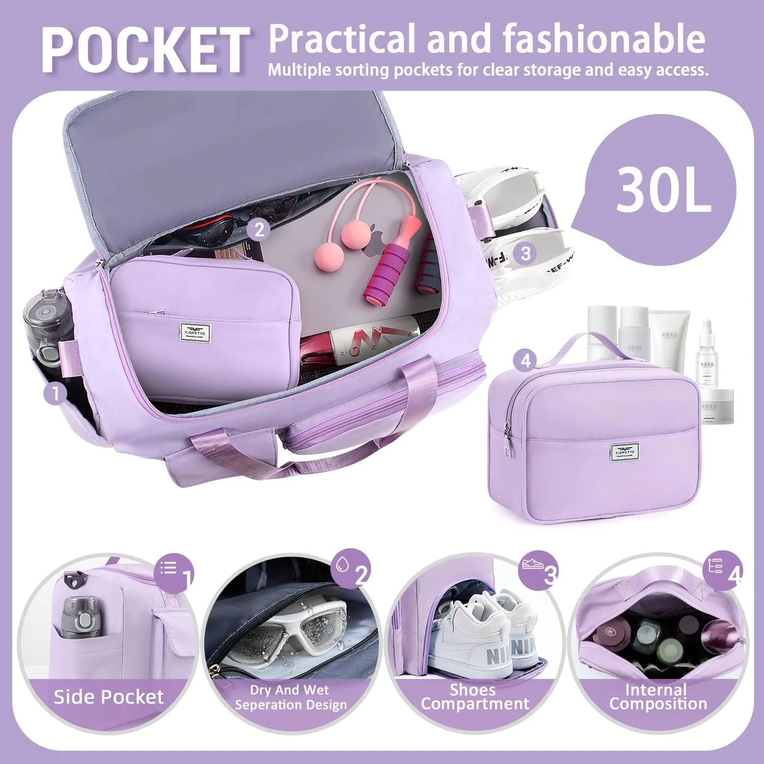 FIORETTO Women's Gym Duffle Bag with Shoes Compartment, 37L Capacity, Ideal for Travel, Gym, Sports, Duffel, Weekender