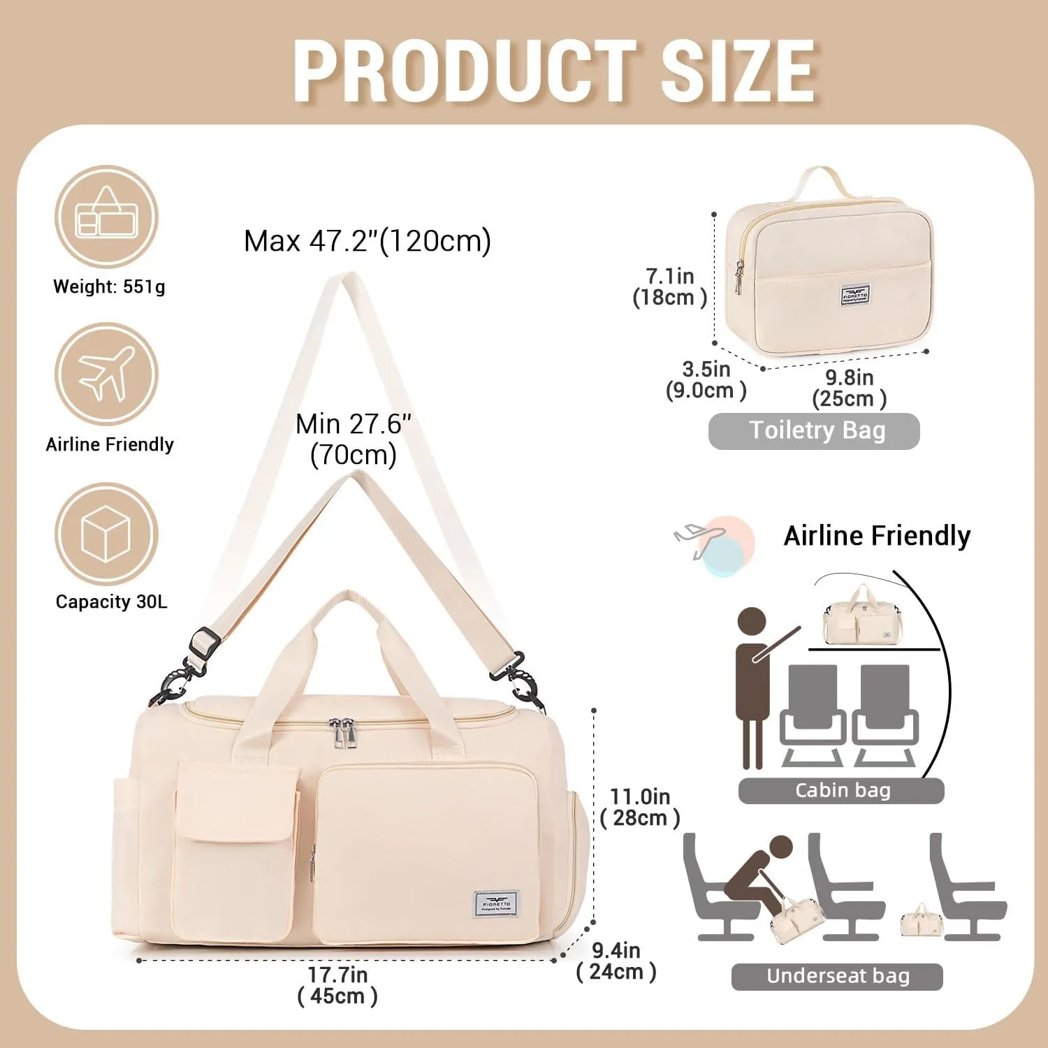 FIORETTO Women's Gym Duffle Bag with Shoes Compartment, 37L Capacity, Ideal for Travel, Gym, Sports, Duffel, Weekender