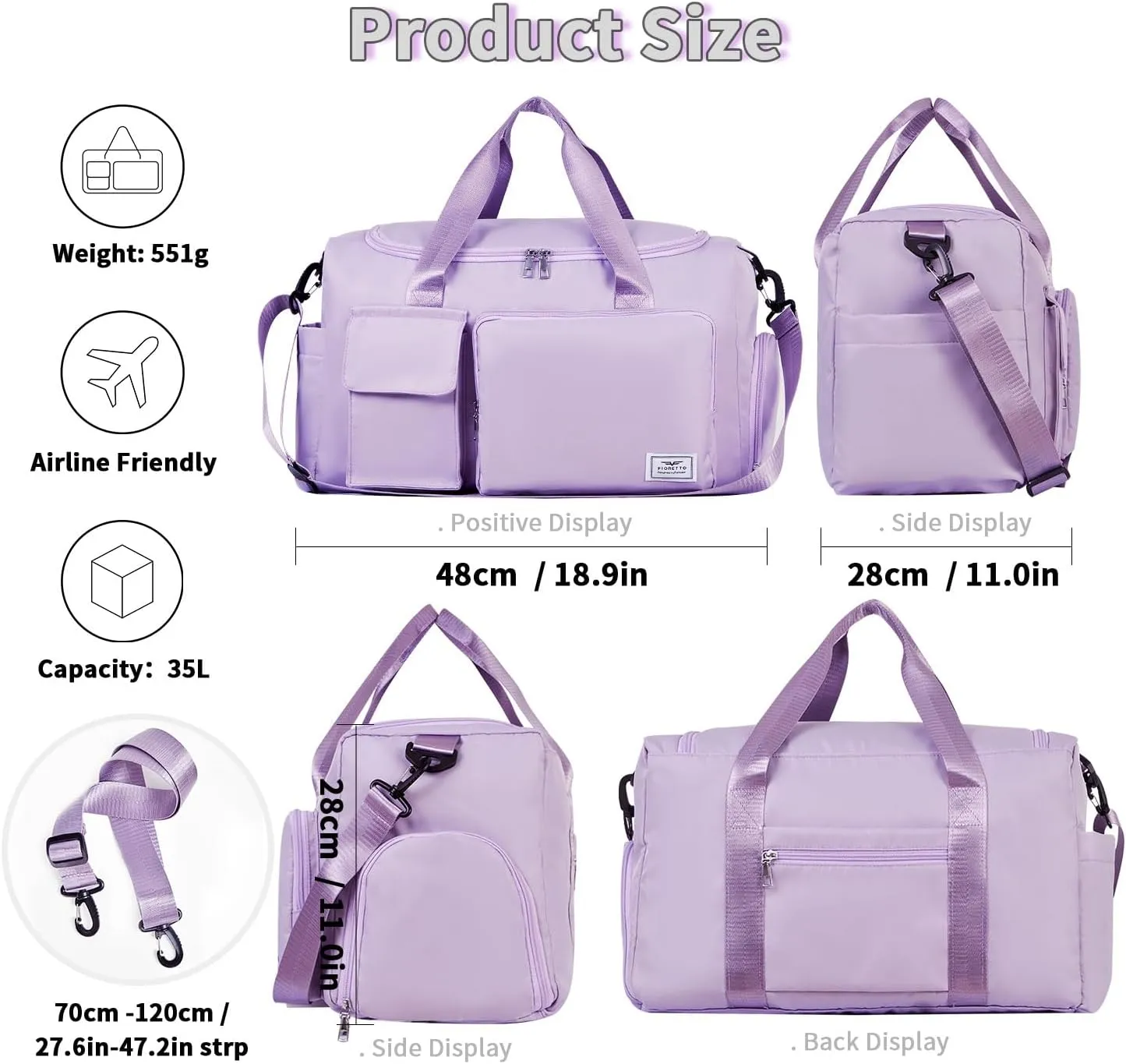 FIORETTO Women's Gym Duffle Bag with Shoes Compartment, 37L Capacity, Ideal for Travel, Gym, Sports, Duffel, Weekender