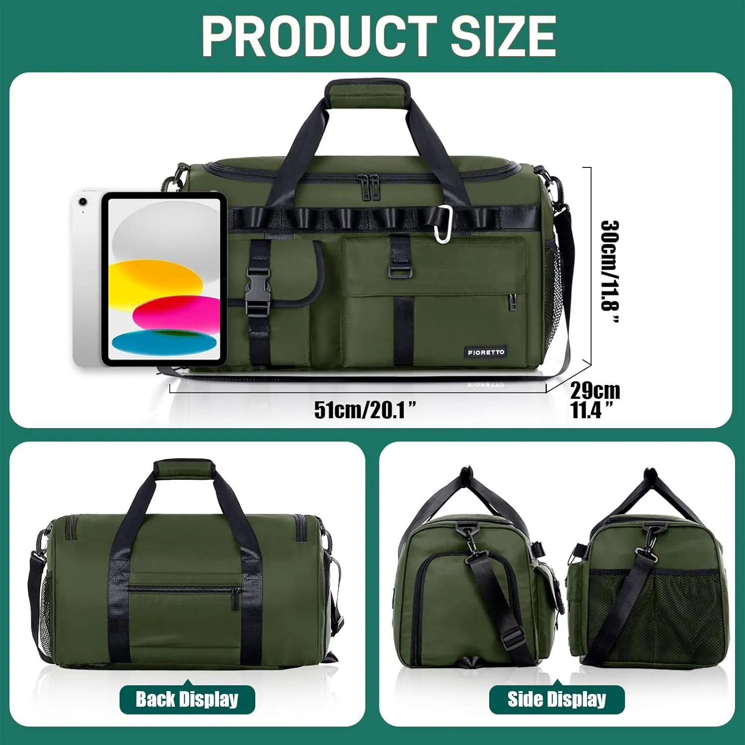 FIORETTO Women's Gym Duffle Bag with Shoes Compartment, 37L Capacity, Ideal for Travel, Gym, Sports, Duffel, Weekender