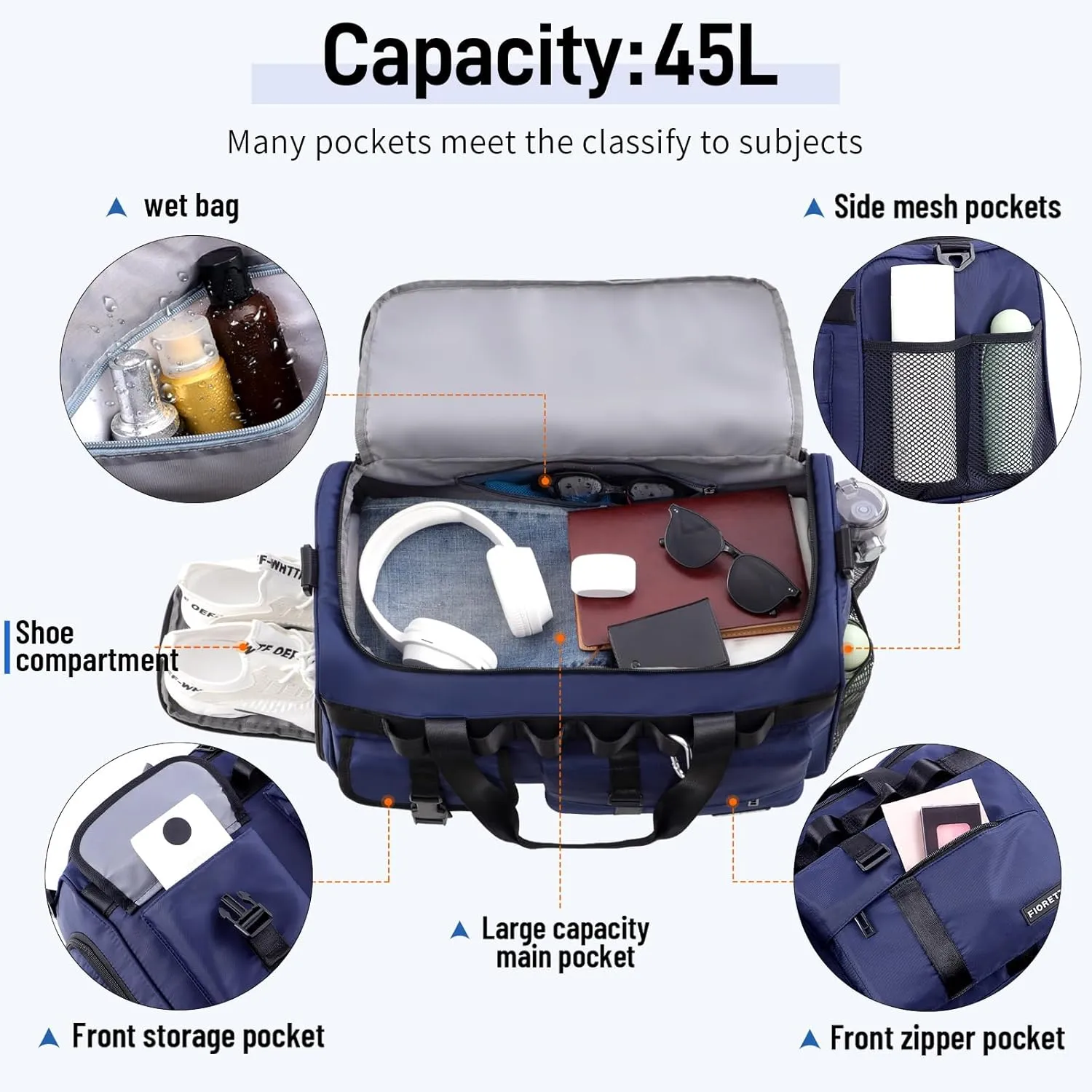 FIORETTO Women's Gym Duffle Bag with Shoes Compartment, 37L Capacity, Ideal for Travel, Gym, Sports, Duffel, Weekender