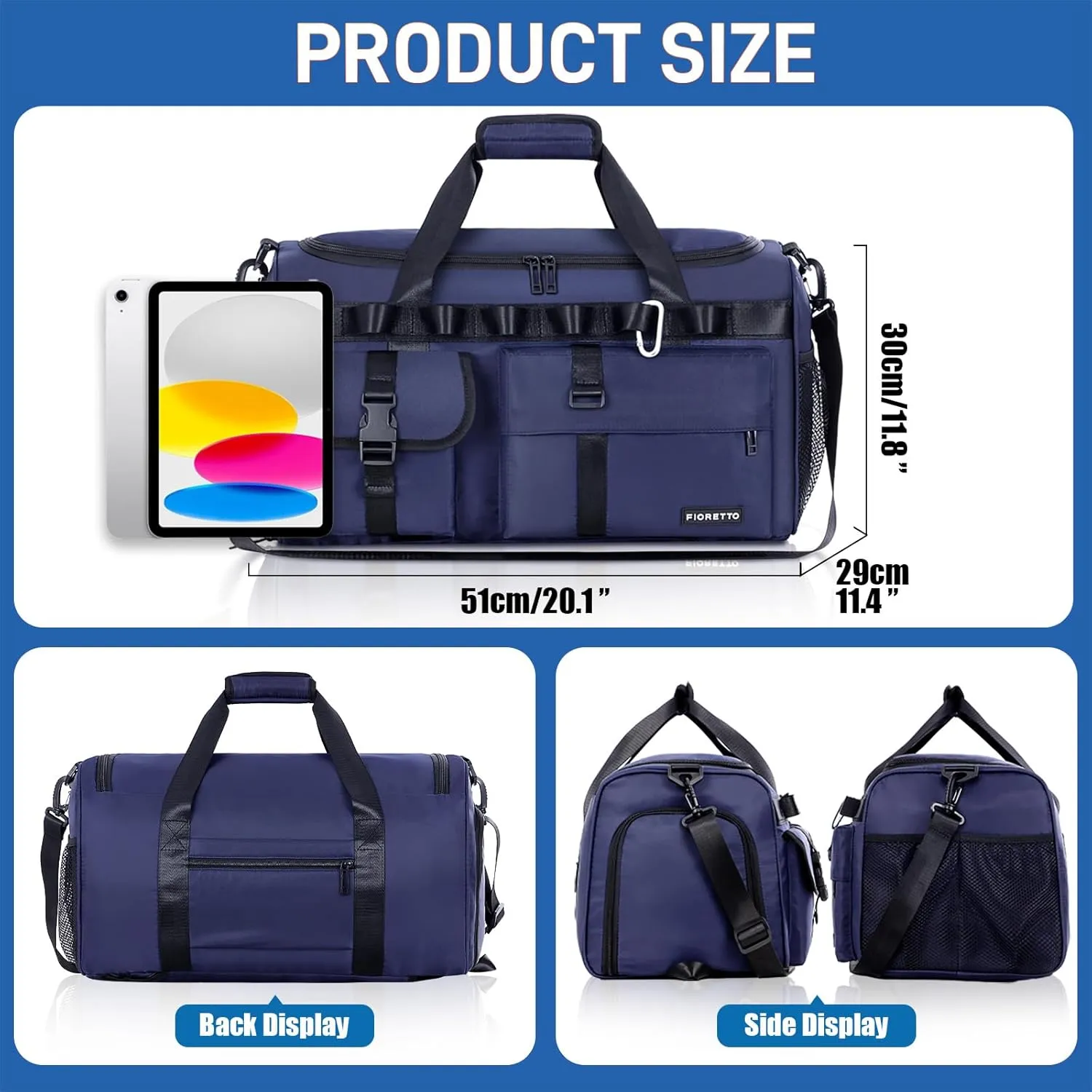 FIORETTO Women's Gym Duffle Bag with Shoes Compartment, 37L Capacity, Ideal for Travel, Gym, Sports, Duffel, Weekender