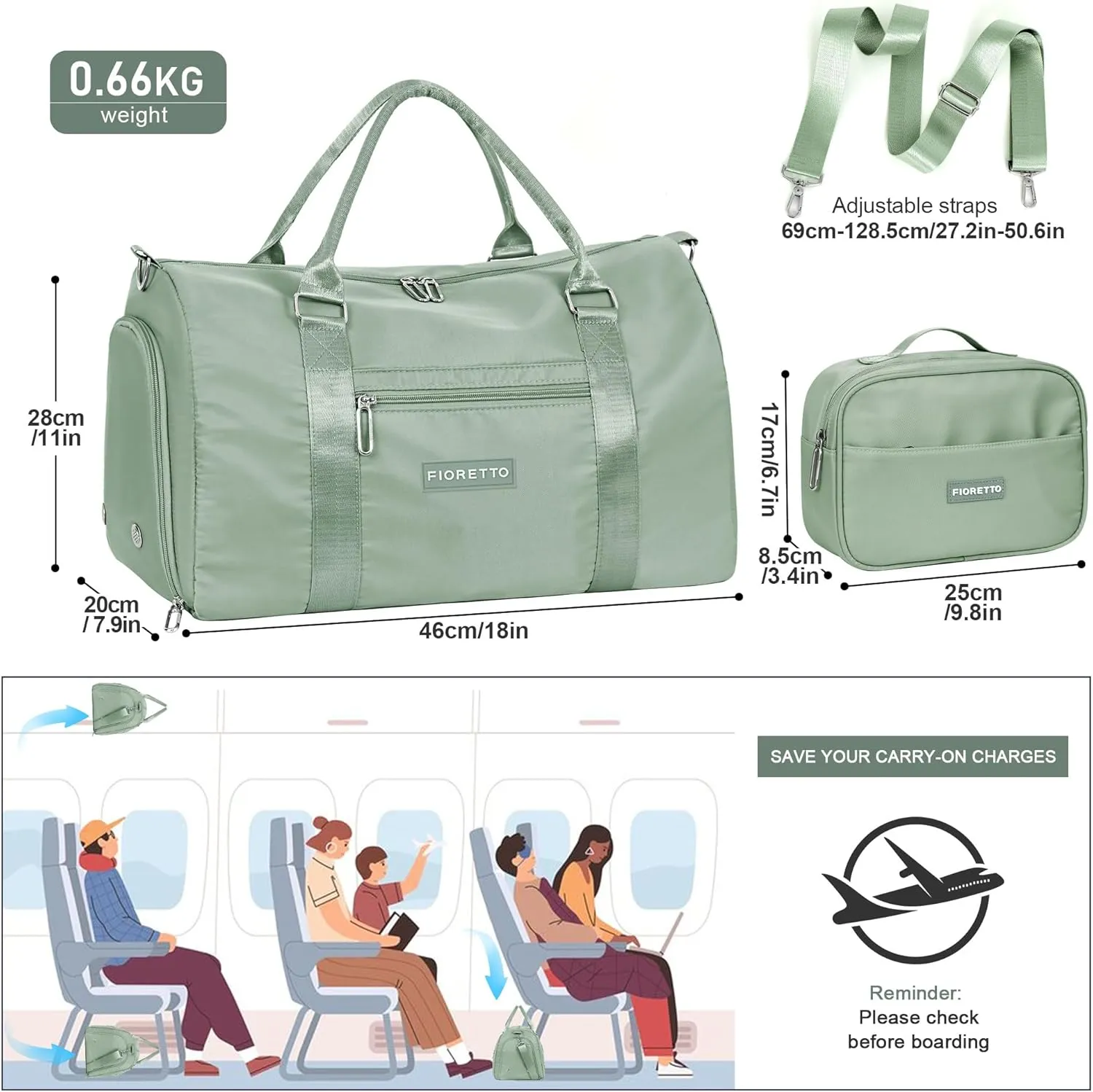 FIORETTO Womens Gym Tote Duffle Bag with Toiletry Bag, Sports Duffel Overnight Hospital Workout Carry on for Girls with Wet Pocket & Shoe Compartment, Ideal for Travel, Swimming, Celadon