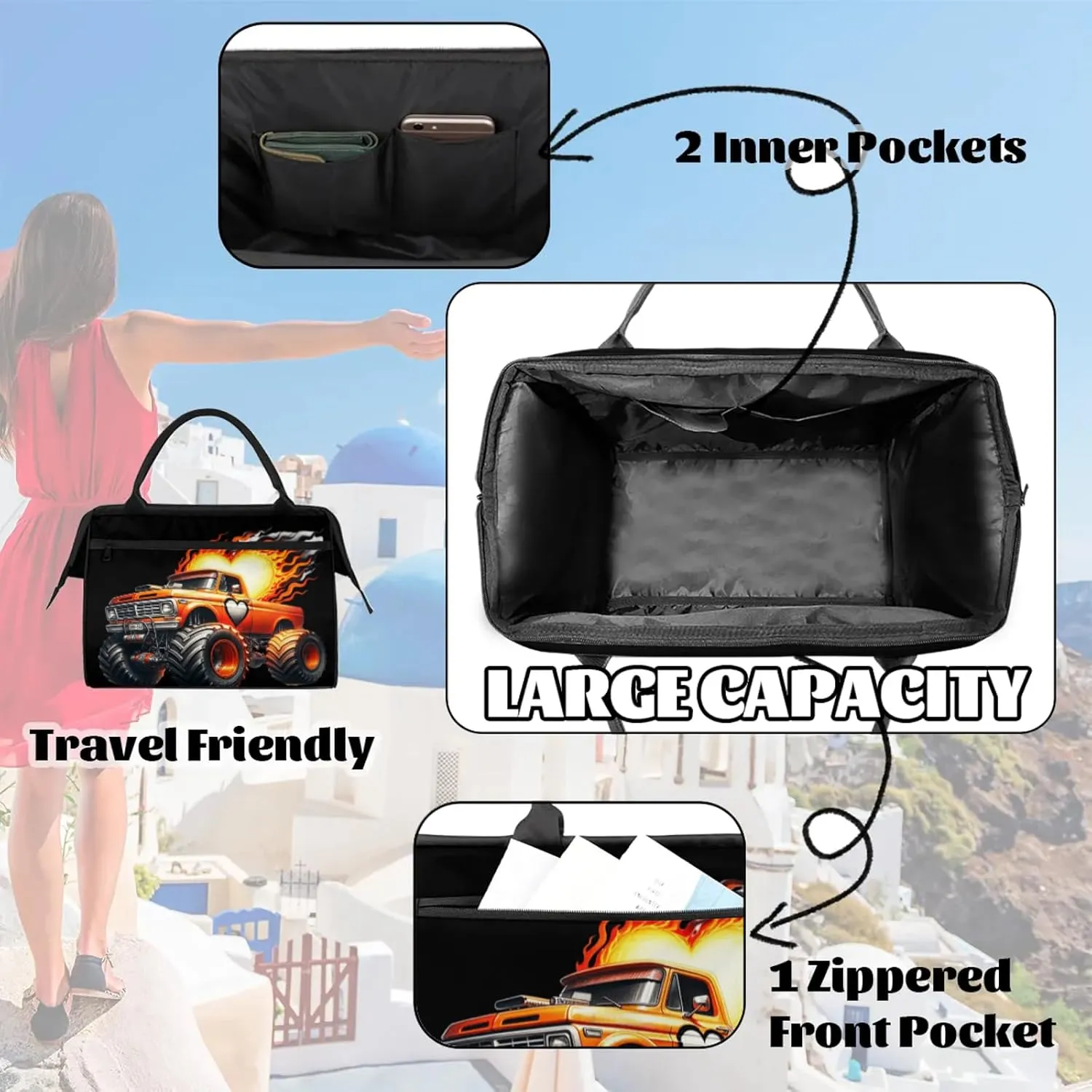 Fire Abstract Monster Truck Travel Duffel Bag Gym Tote Bag for Women Men Waterproof Weekend Overnight Bag Carry On Tote Luggage with Pocket Personal Item Bags Sports Bag fit Travel Sports Gym Yoga