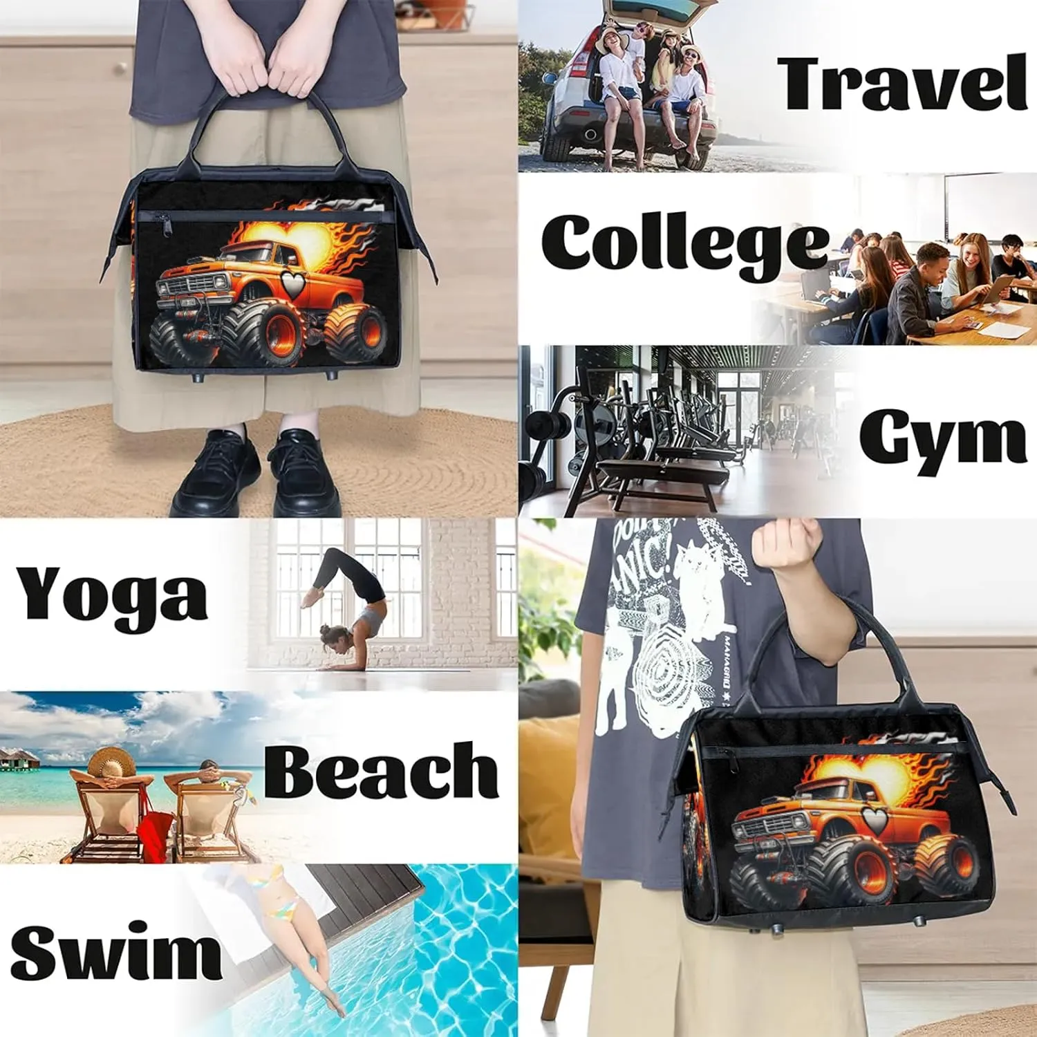 Fire Abstract Monster Truck Travel Duffel Bag Gym Tote Bag for Women Men Waterproof Weekend Overnight Bag Carry On Tote Luggage with Pocket Personal Item Bags Sports Bag fit Travel Sports Gym Yoga