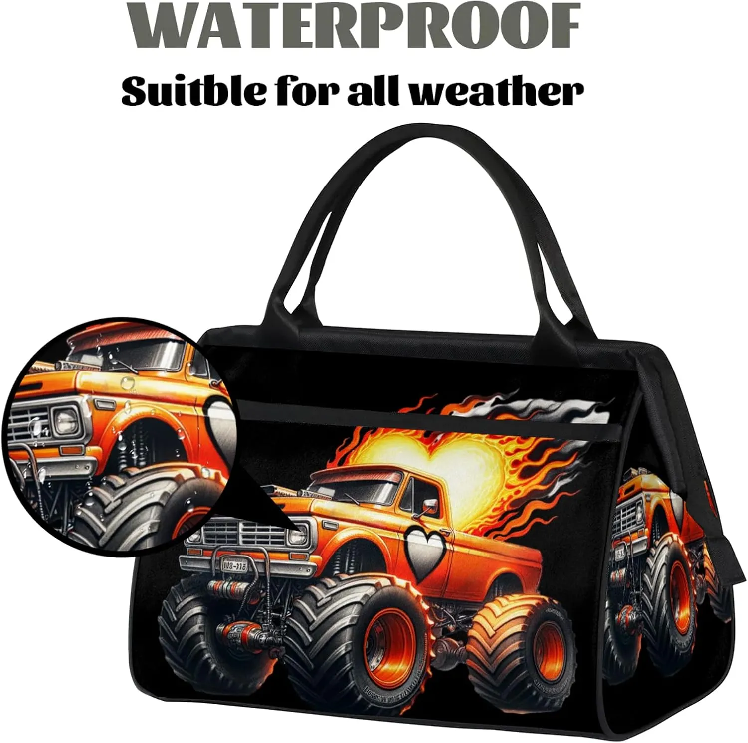 Fire Abstract Monster Truck Travel Duffel Bag Gym Tote Bag for Women Men Waterproof Weekend Overnight Bag Carry On Tote Luggage with Pocket Personal Item Bags Sports Bag fit Travel Sports Gym Yoga