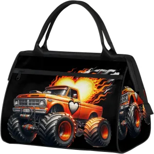 Fire Abstract Monster Truck Travel Duffel Bag Gym Tote Bag for Women Men Waterproof Weekend Overnight Bag Carry On Tote Luggage with Pocket Personal Item Bags Sports Bag fit Travel Sports Gym Yoga
