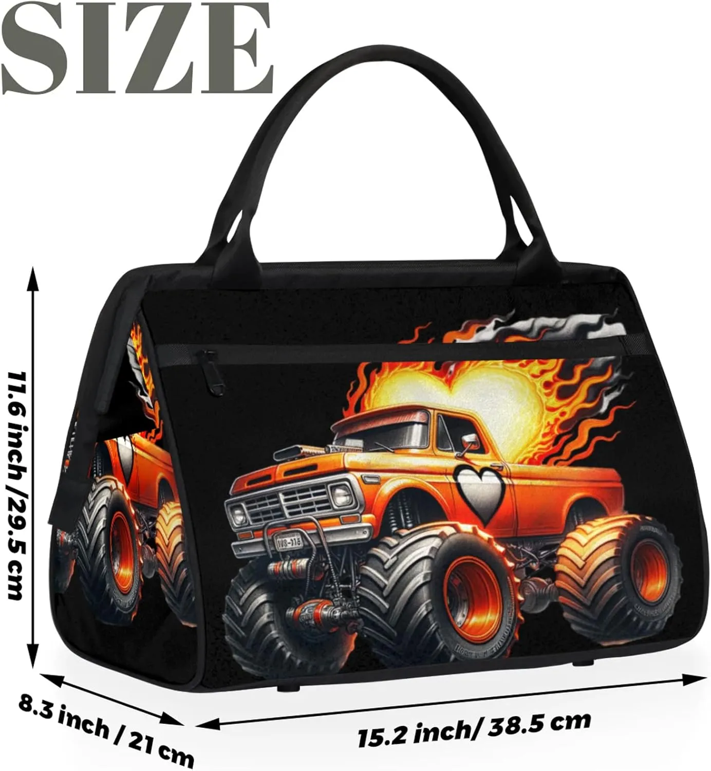 Fire Abstract Monster Truck Travel Duffel Bag Gym Tote Bag for Women Men Waterproof Weekend Overnight Bag Carry On Tote Luggage with Pocket Personal Item Bags Sports Bag fit Travel Sports Gym Yoga