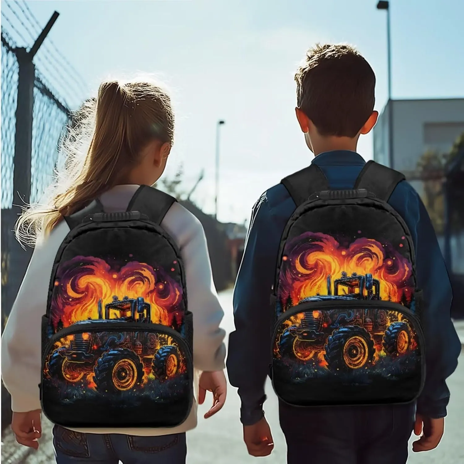 Fire Tractor Backpack for Toddler Boys 4 Pcs Bookbag and Lunch Box Set for Boys Lightweight 15 Inches School Bag for Preschool Kindergarten Casual Daypack