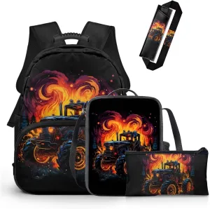 Fire Tractor Backpack for Toddler Boys 4 Pcs Bookbag and Lunch Box Set for Boys Lightweight 15 Inches School Bag for Preschool Kindergarten Casual Daypack