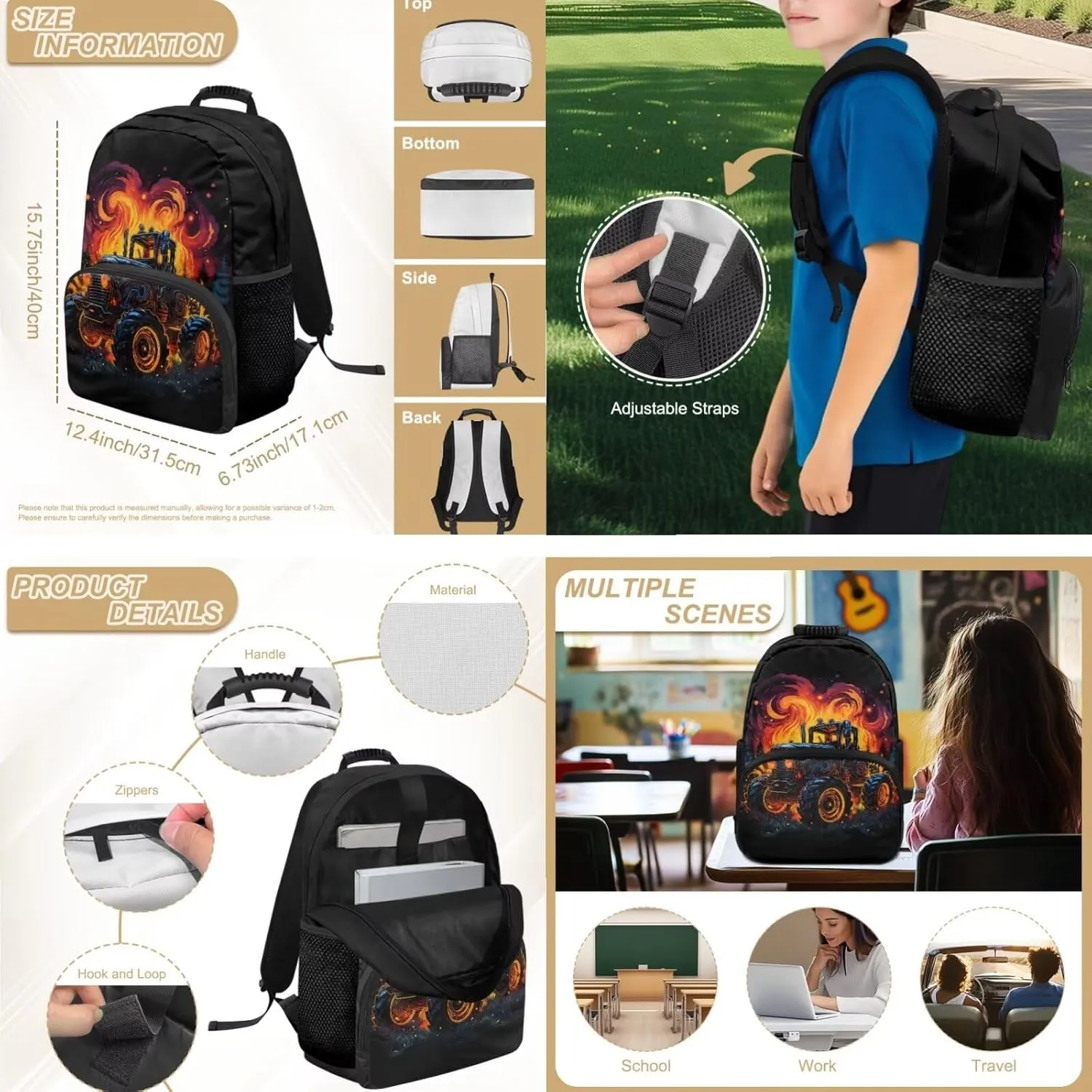 Fire Tractor Backpack for Toddler Boys 4 Pcs Bookbag and Lunch Box Set for Boys Lightweight 15 Inches School Bag for Preschool Kindergarten Casual Daypack
