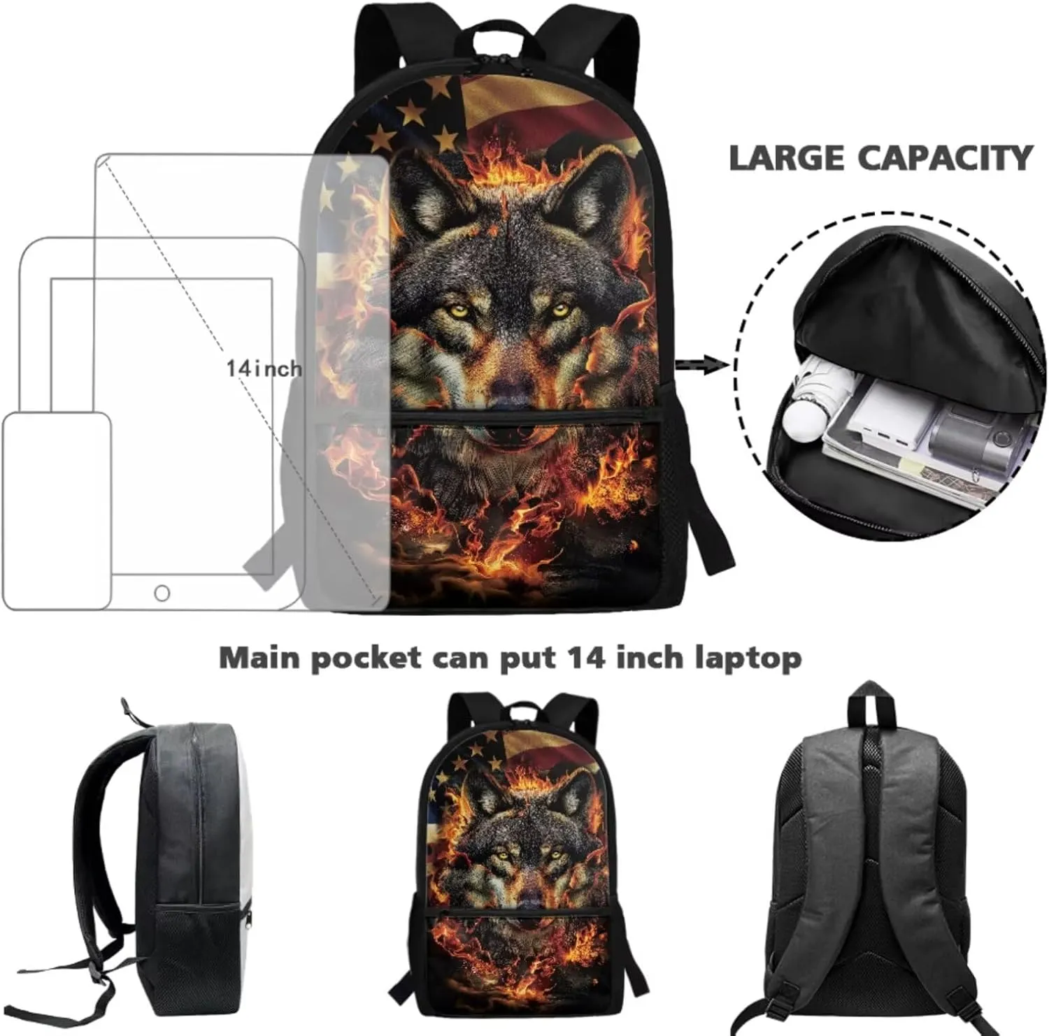Fire Wolf Backpack for Kids School Bag for Boys Girls American Flag Bookbag and Lunch Box Set Pencil Case Water Bottle Holder 4 PCS Elementary School Accessories