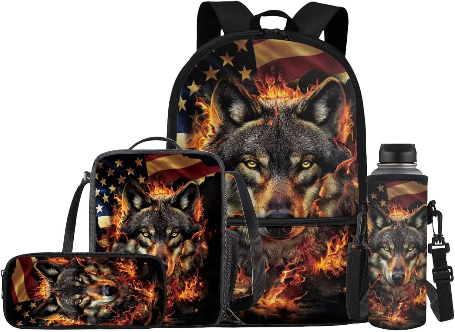Fire Wolf Backpack for Kids School Bag for Boys Girls American Flag Bookbag and Lunch Box Set Pencil Case Water Bottle Holder 4 PCS Elementary School Accessories