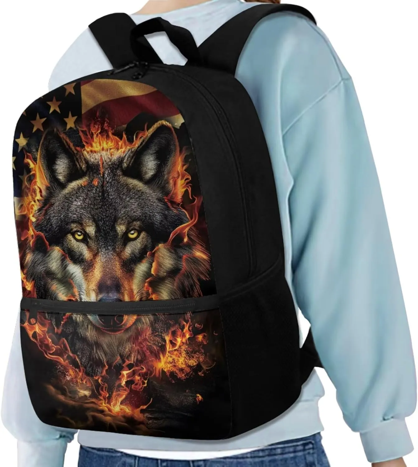 Fire Wolf Backpack for Kids School Bag for Boys Girls American Flag Bookbag and Lunch Box Set Pencil Case Water Bottle Holder 4 PCS Elementary School Accessories