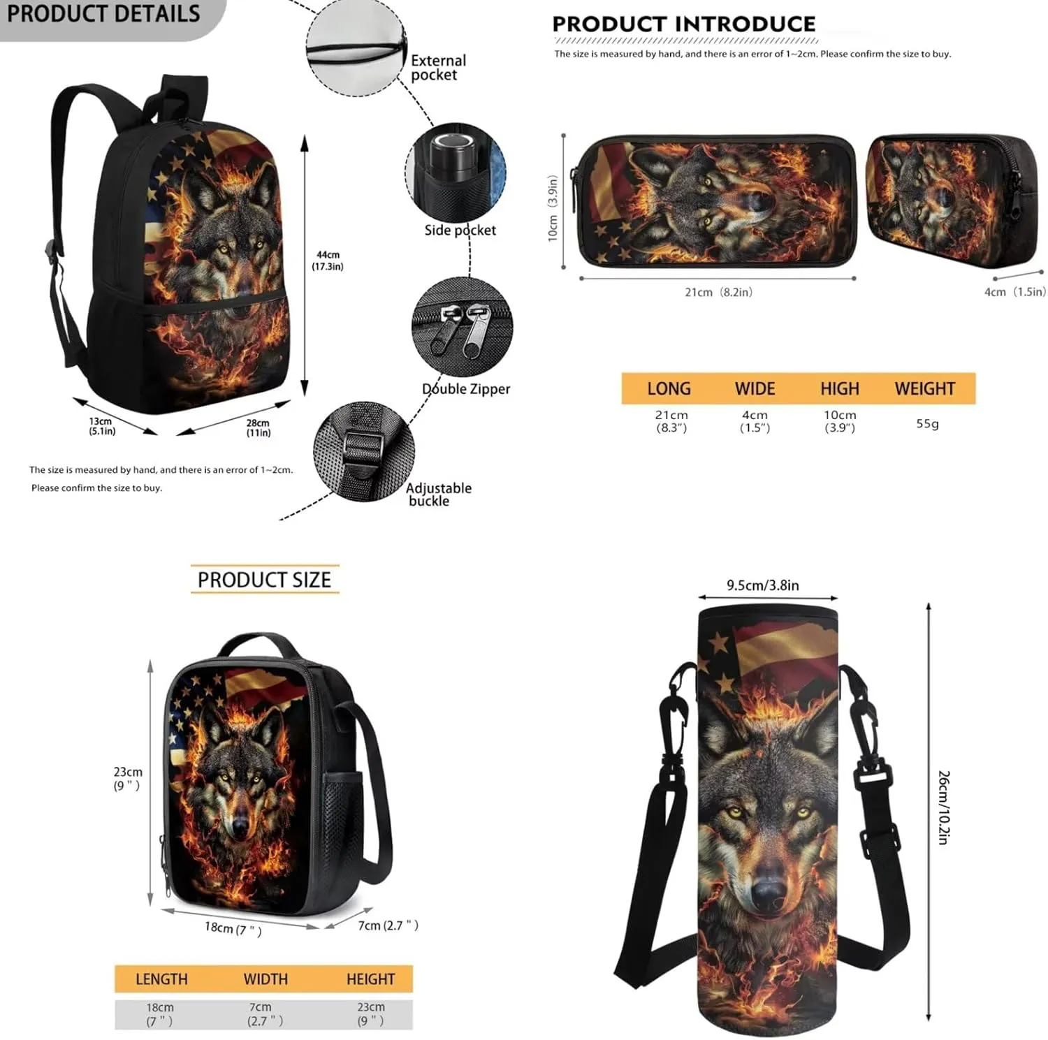 Fire Wolf Backpack for Kids School Bag for Boys Girls American Flag Bookbag and Lunch Box Set Pencil Case Water Bottle Holder 4 PCS Elementary School Accessories
