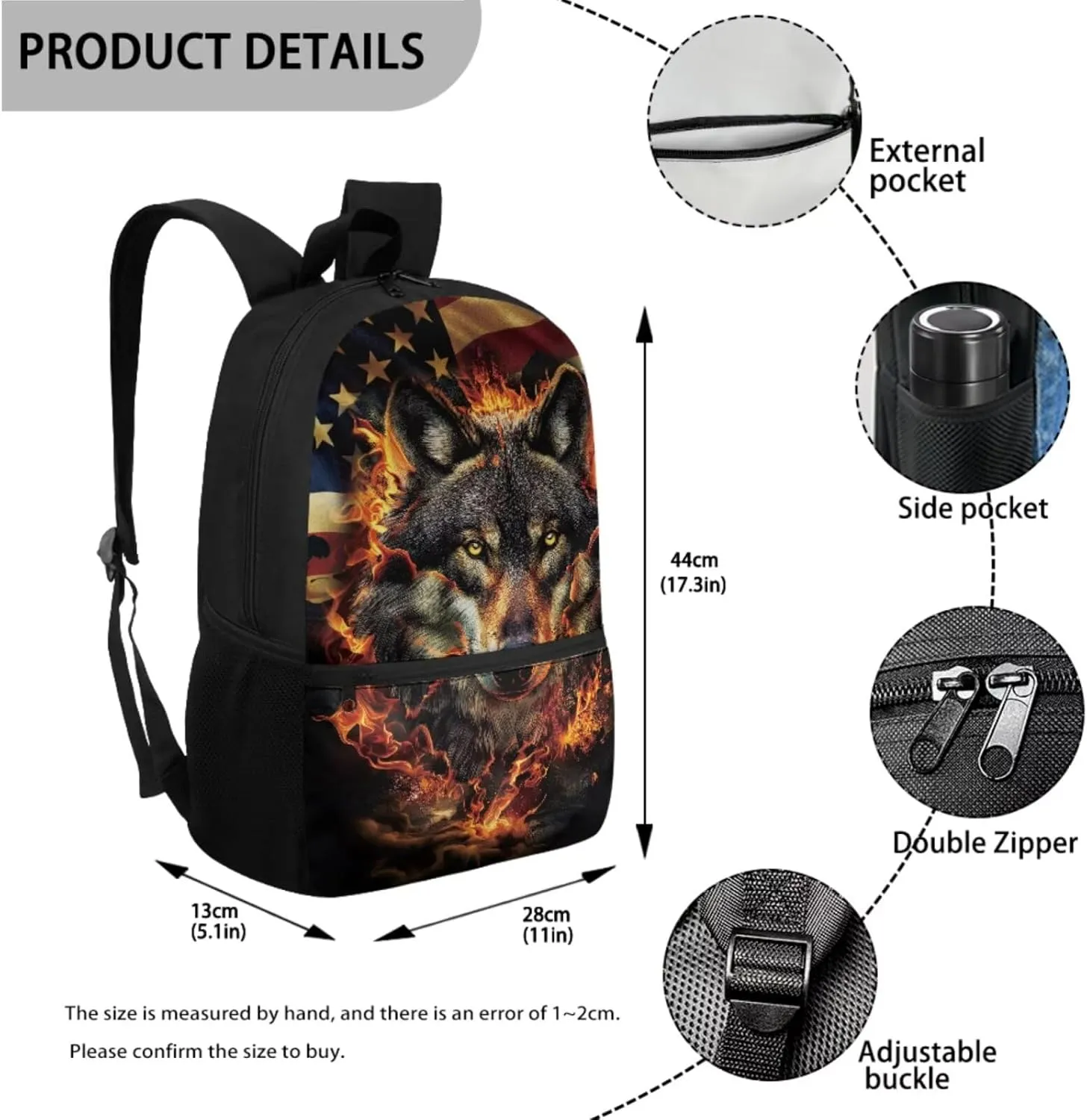 Fire Wolf Backpack for Kids School Bag for Boys Girls American Flag Bookbag and Lunch Box Set Pencil Case Water Bottle Holder 4 PCS Elementary School Accessories