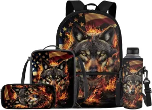 Fire Wolf Backpack for Kids School Bag for Boys Girls American Flag Bookbag and Lunch Box Set Pencil Case Water Bottle Holder 4 PCS Elementary School Accessories