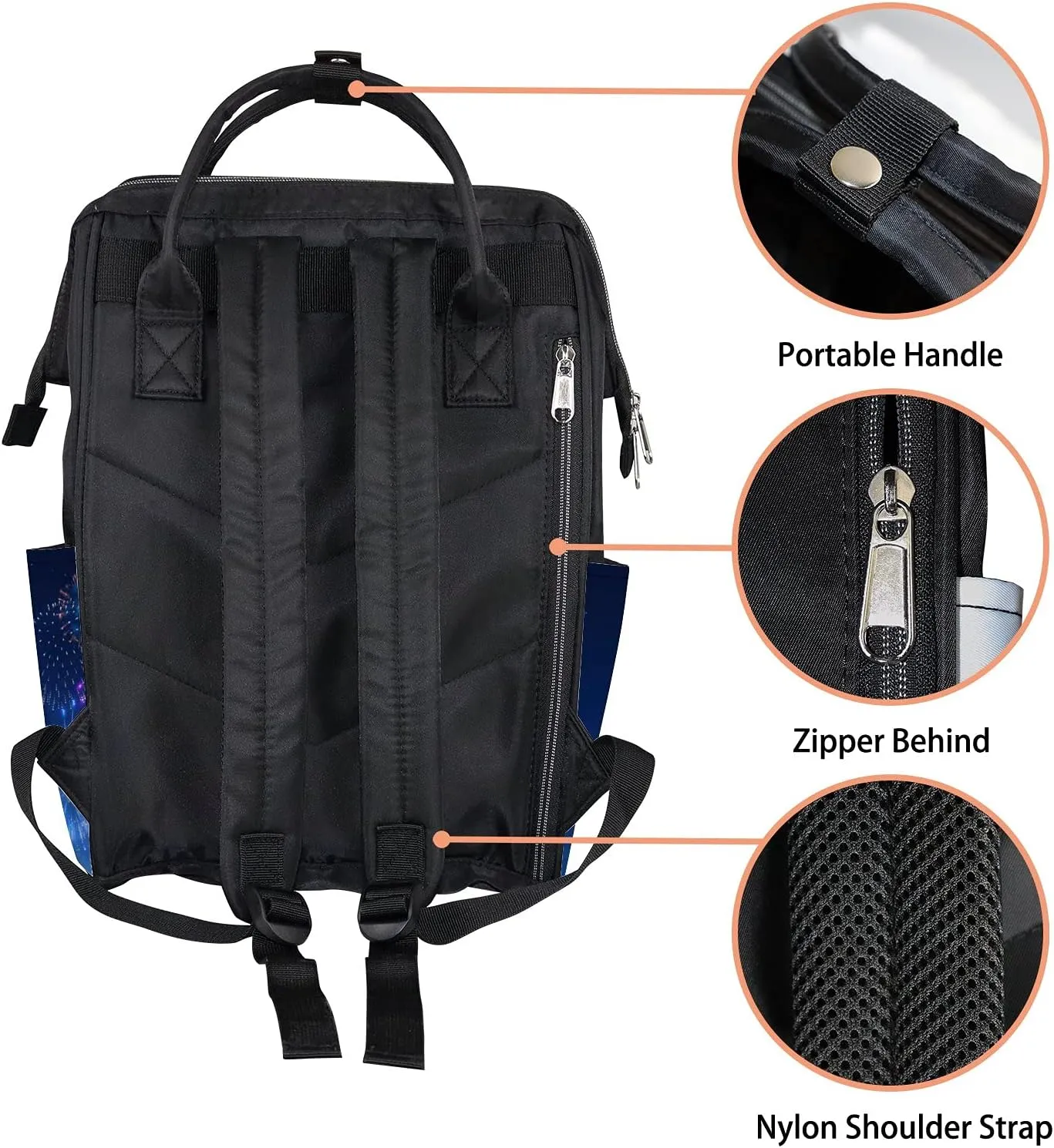 Fireworks Bursts Starry Night Sky Diaper Bag Backpack, waterproof backpack Baby Nappy Changing Bags Laptop Backpack for Travel, Large Capacity, Durable and Stylish for Woman and Men.