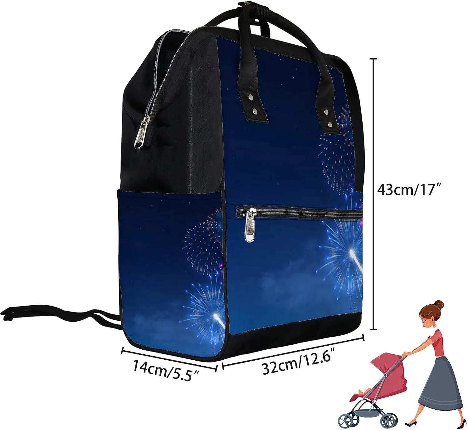 Fireworks Bursts Starry Night Sky Diaper Bag Backpack, waterproof backpack Baby Nappy Changing Bags Laptop Backpack for Travel, Large Capacity, Durable and Stylish for Woman and Men.