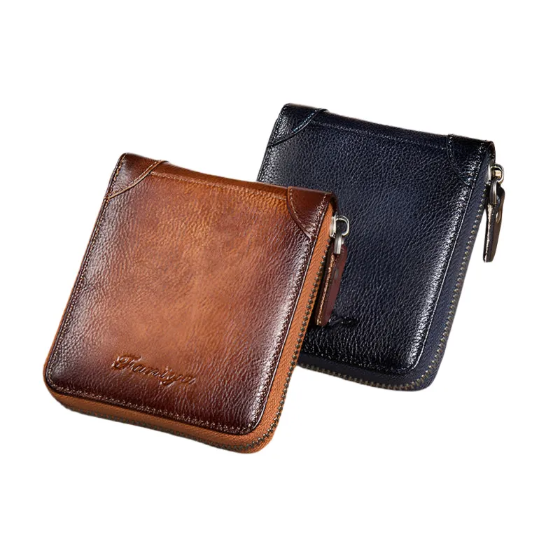 First Layer Cowhide Zipper Card Holder Wallet