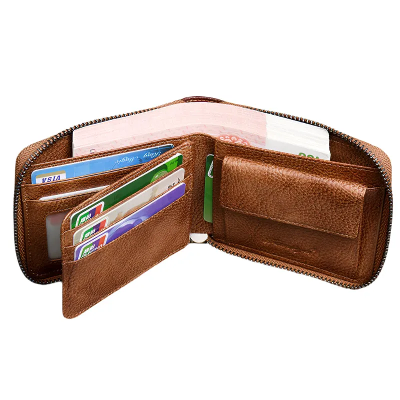 First Layer Cowhide Zipper Card Holder Wallet