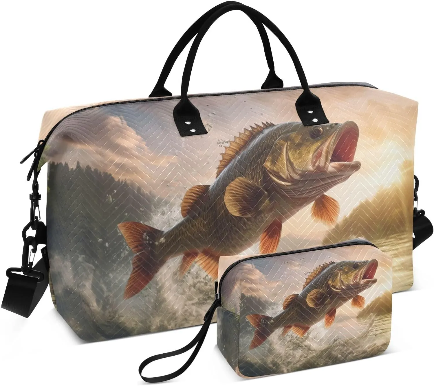 Fish Jump Sunrise Duffle Bag for Travel, Gym Bag with Multiple Interior Pockets for Men Women Overnight Purse Included 20.5 x 1.9 x 13.8 In