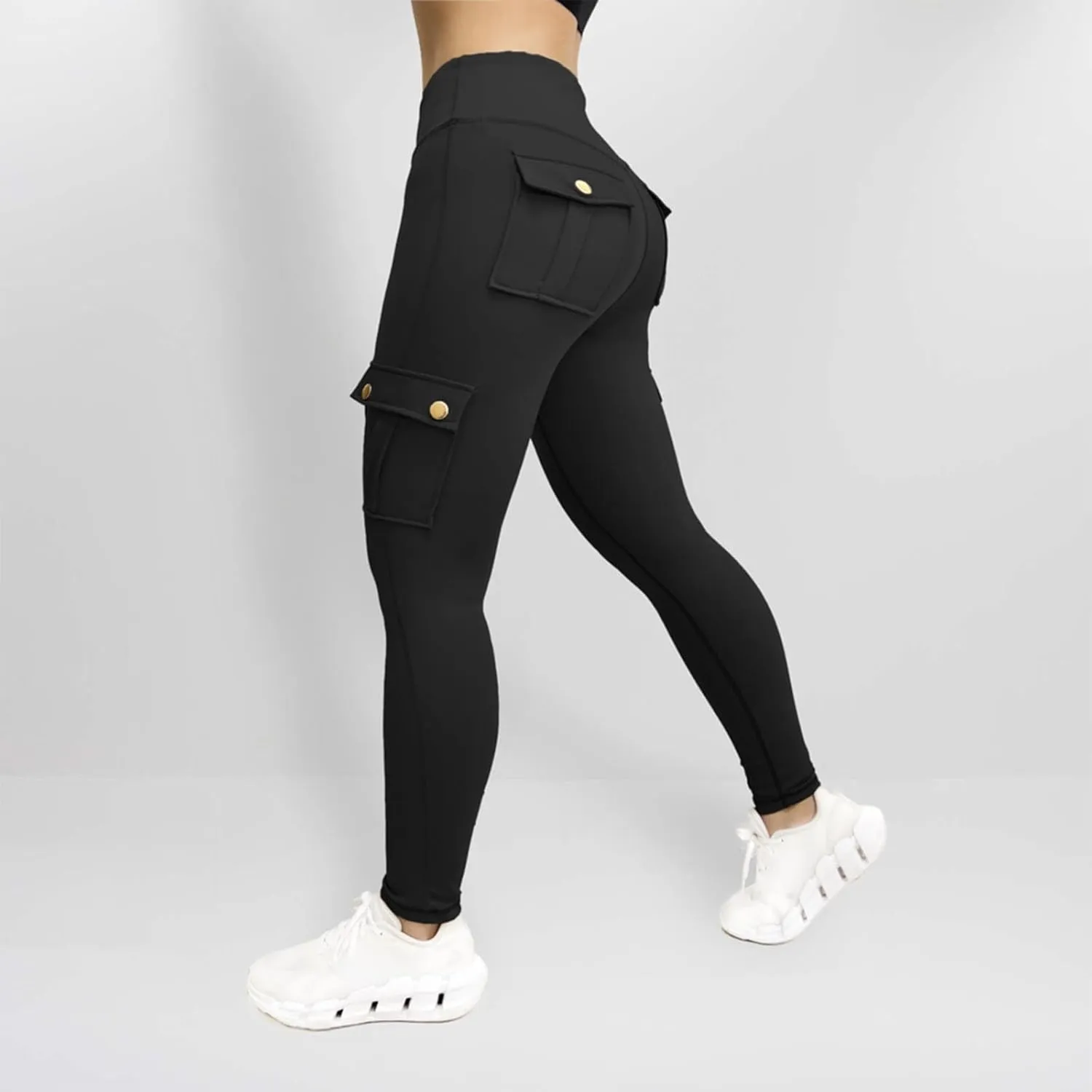 Fitness Exercise Skinny Yoga Cargo Pants for Women Multi Pockets Solid Color High Waisted Ankle Length Tights Leggings