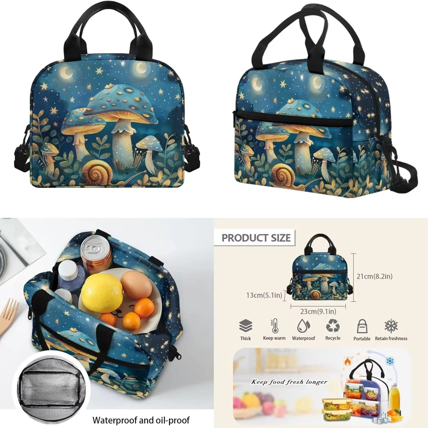 Flashideas Blue Mushroom Kids Backpack Set 4Pcs with Lunch Box Pencil Case and Water Bottle Case Cover Toddler Bookbag Kids Backpack for Girls Cute Book Bag Kindergarten Elementary Kids Backpack