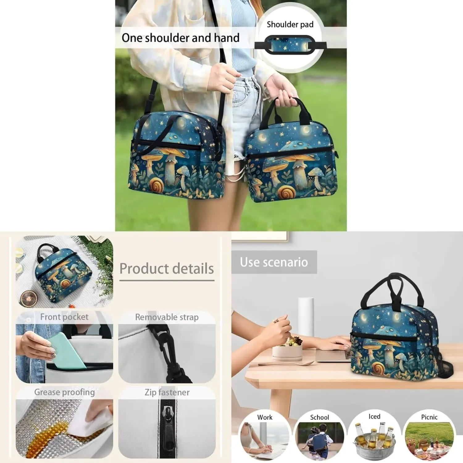 Flashideas Blue Mushroom Kids Backpack Set 4Pcs with Lunch Box Pencil Case and Water Bottle Case Cover Toddler Bookbag Kids Backpack for Girls Cute Book Bag Kindergarten Elementary Kids Backpack