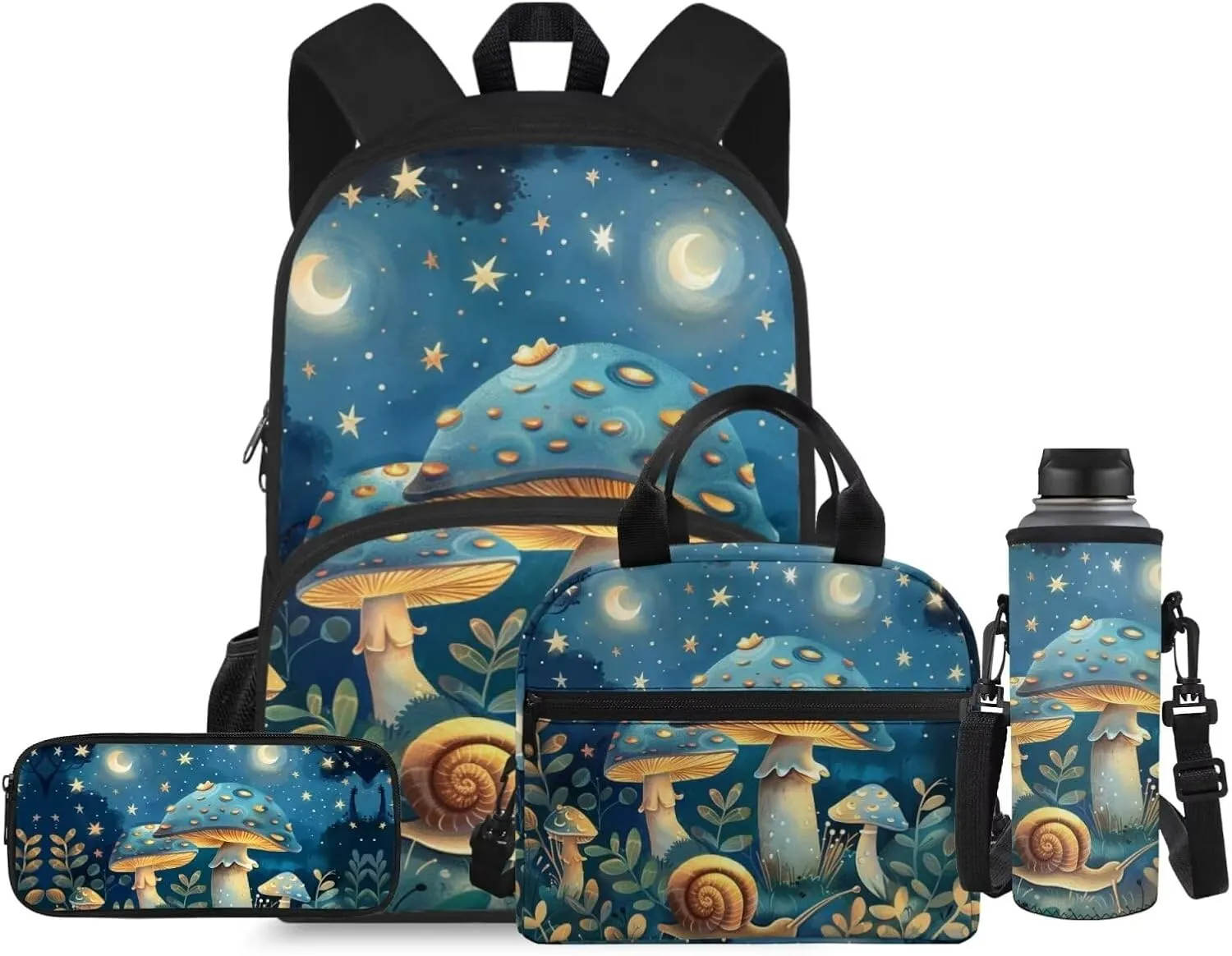 Flashideas Blue Mushroom Kids Backpack Set 4Pcs with Lunch Box Pencil Case and Water Bottle Case Cover Toddler Bookbag Kids Backpack for Girls Cute Book Bag Kindergarten Elementary Kids Backpack