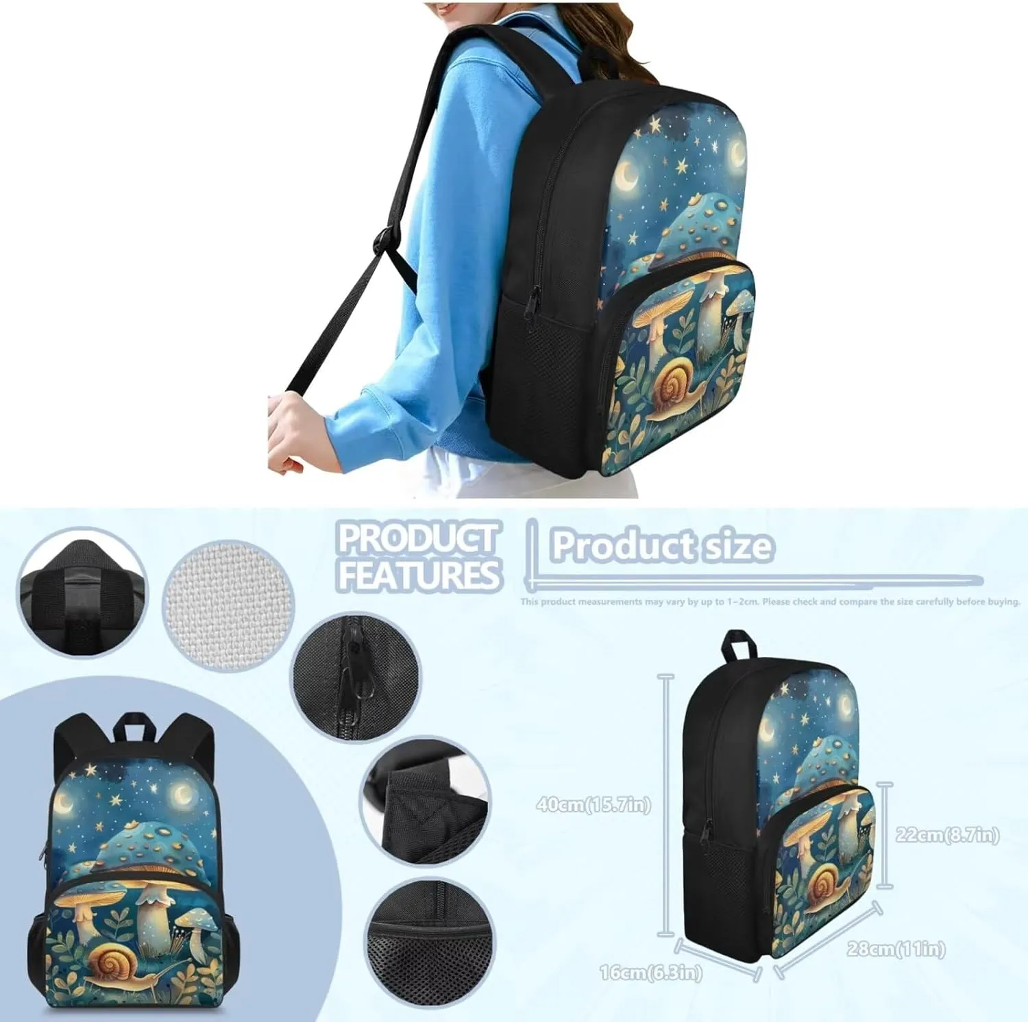 Flashideas Blue Mushroom Kids Backpack Set 4Pcs with Lunch Box Pencil Case and Water Bottle Case Cover Toddler Bookbag Kids Backpack for Girls Cute Book Bag Kindergarten Elementary Kids Backpack