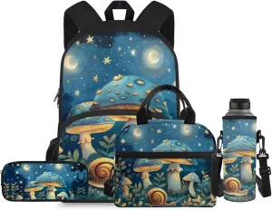 Flashideas Blue Mushroom Kids Backpack Set 4Pcs with Lunch Box Pencil Case and Water Bottle Case Cover Toddler Bookbag Kids Backpack for Girls Cute Book Bag Kindergarten Elementary Kids Backpack