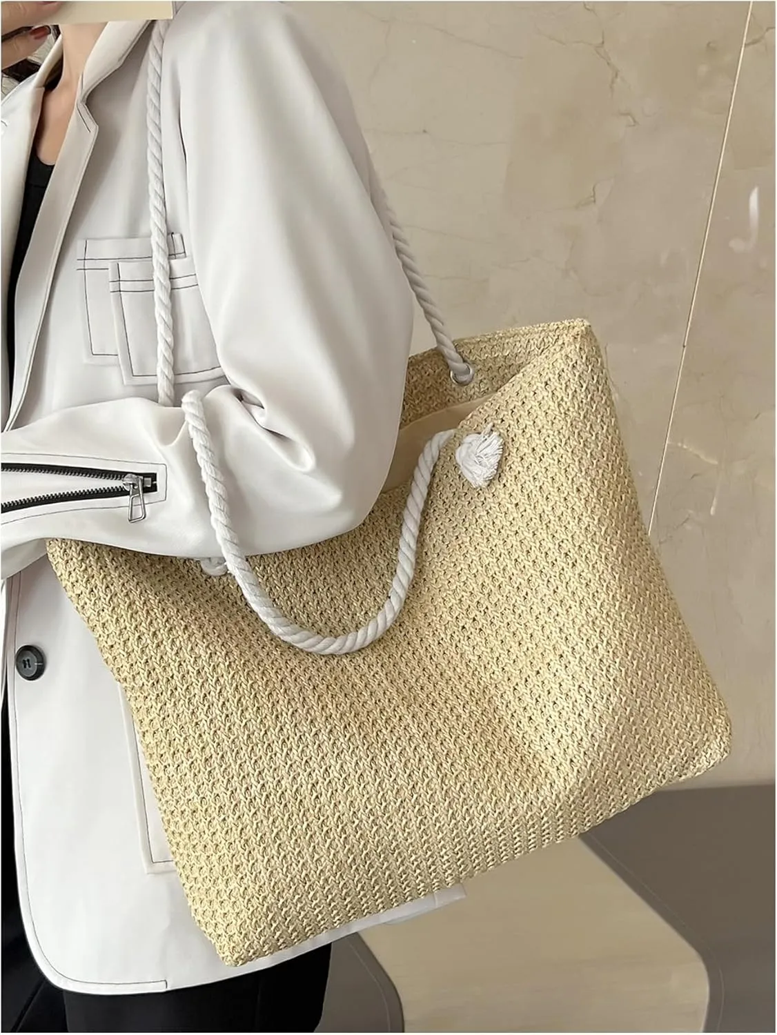 Floerns Women's Straw Weave Beach Tote Bag Double Handle Travel Shoulder Bag