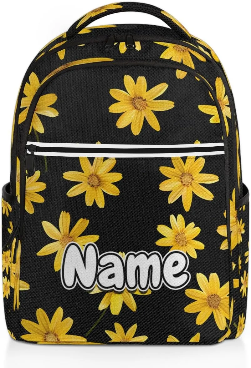 Floral Daisy Personalized Laptop Backpack with Name Custom Shoulder Bags for Women Men Waterproof Travel Casual Daypack Laptop Bag Gifts 16.1in