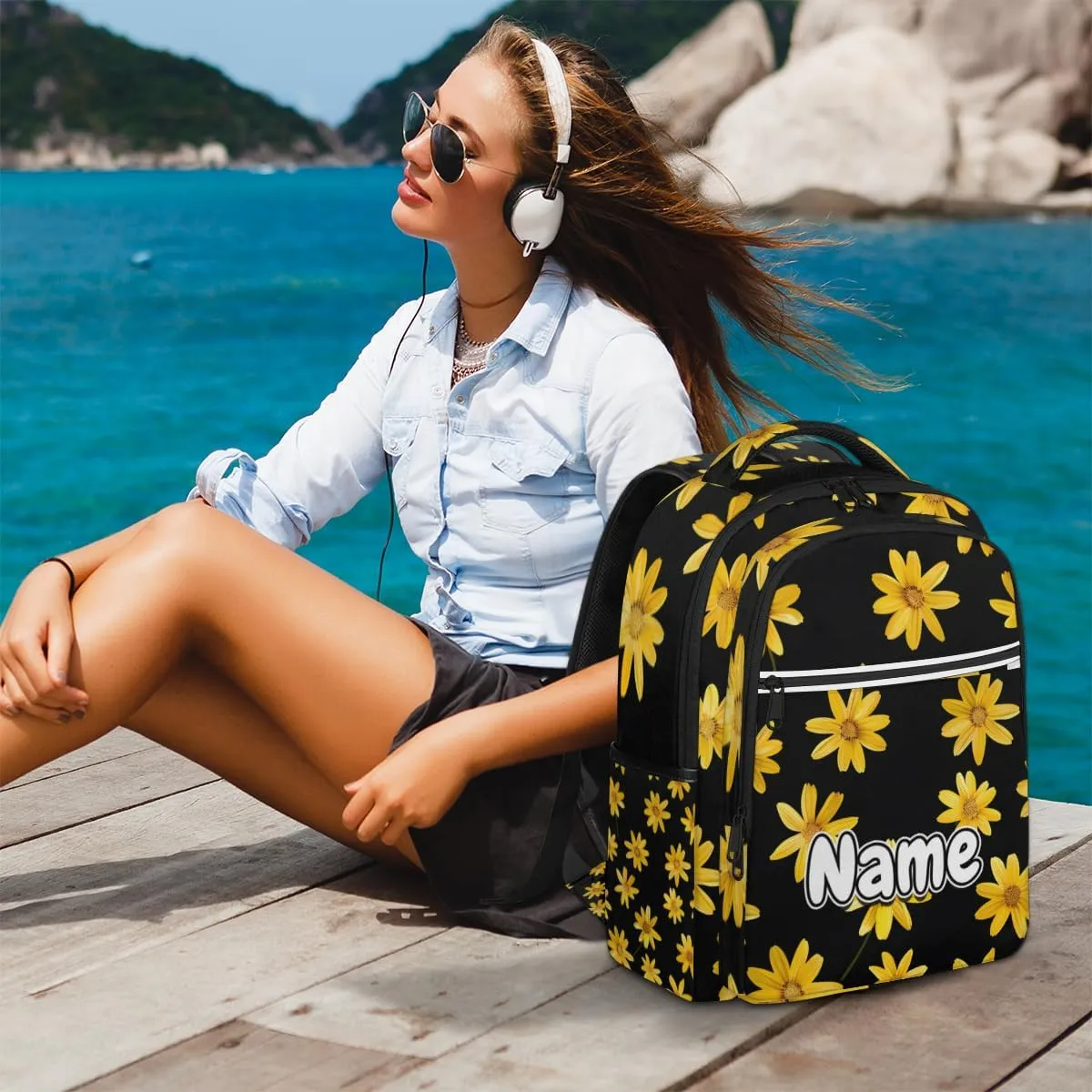 Floral Daisy Personalized Laptop Backpack with Name Custom Shoulder Bags for Women Men Waterproof Travel Casual Daypack Laptop Bag Gifts 16.1in